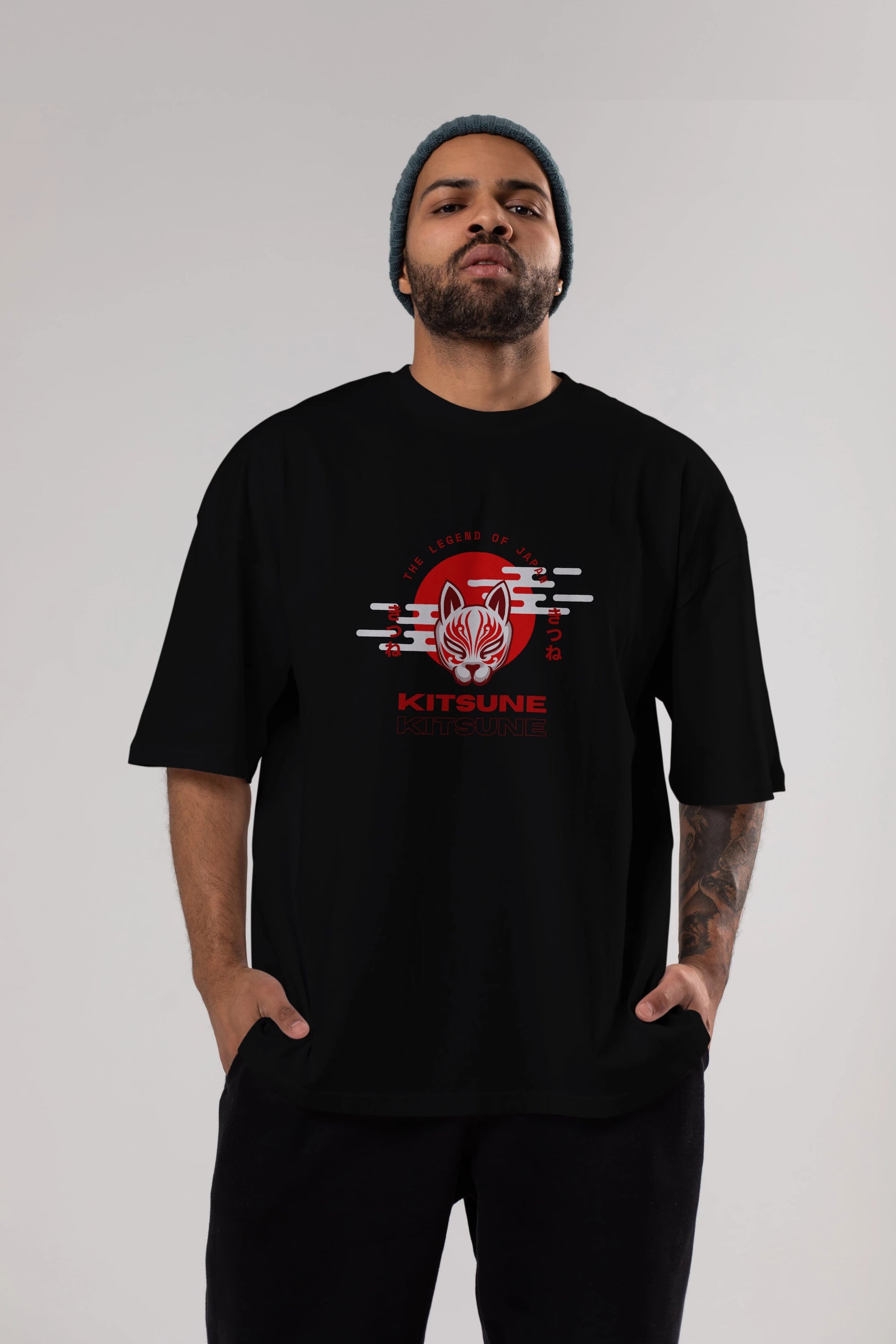 Kitsune Mask Ön Baskılı Oversize t-shirt Erkek Kadın Unisex