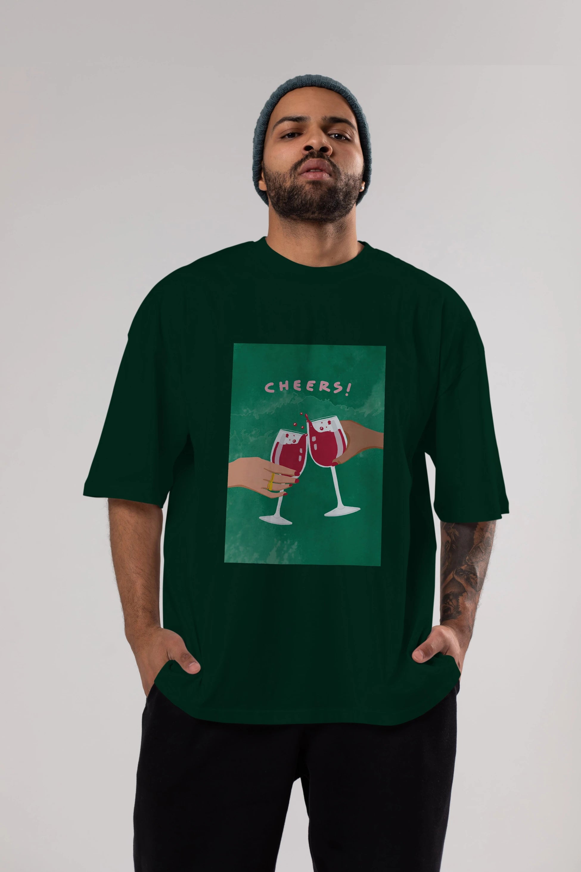 Cheers Ön Baskılı Oversize t-shirt Erkek Kadın Unisex %100 Pamuk Bisiklet Yaka tişort