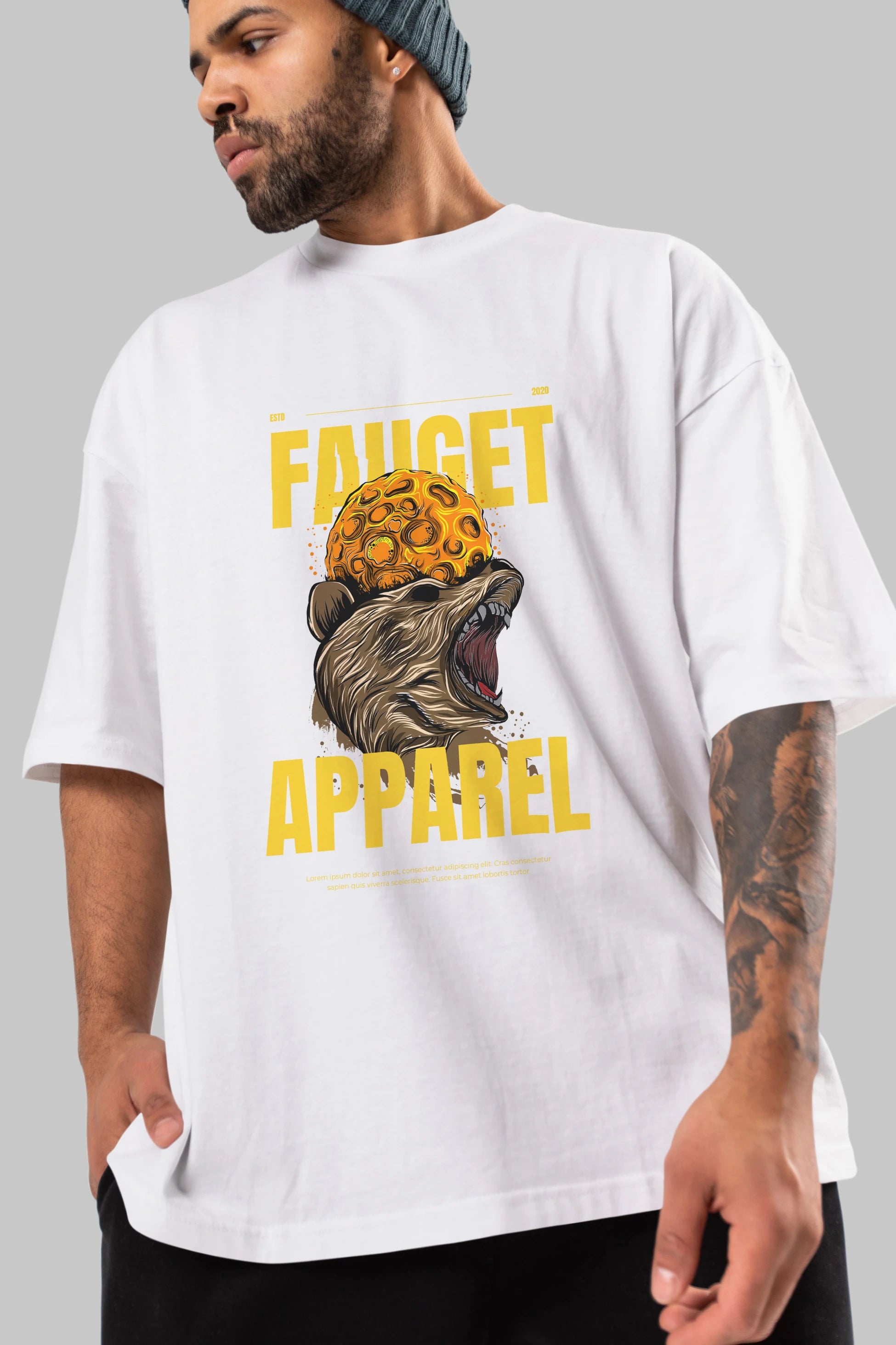 Bear Angry Fauget Apparel Ön Baskılı Oversize t-shirt Erkek Kadın Unisex