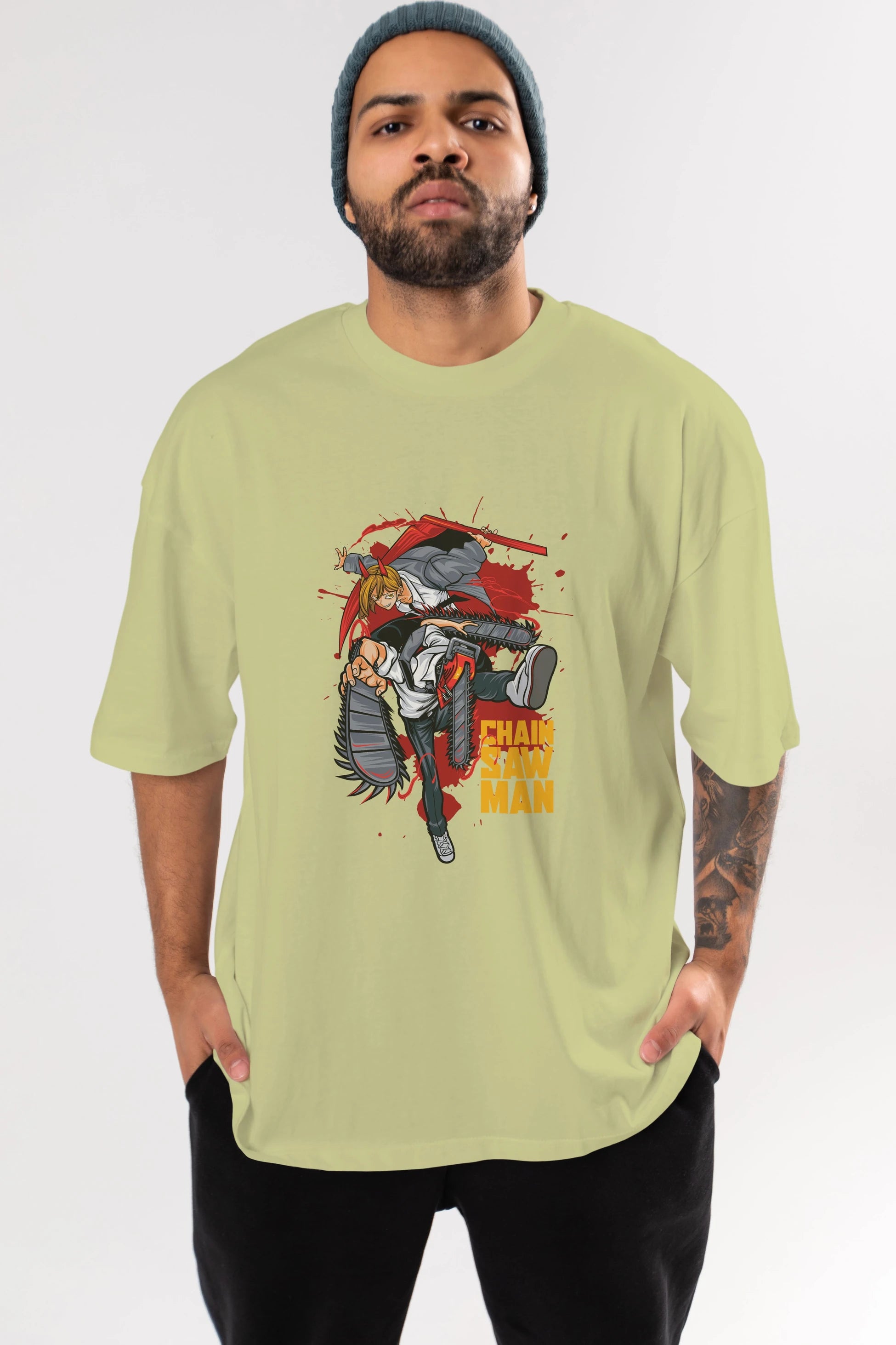DENJI and POWER Anime Ön Baskılı Oversize t-shirt %100 pamuk Erkek Kadın Unisex