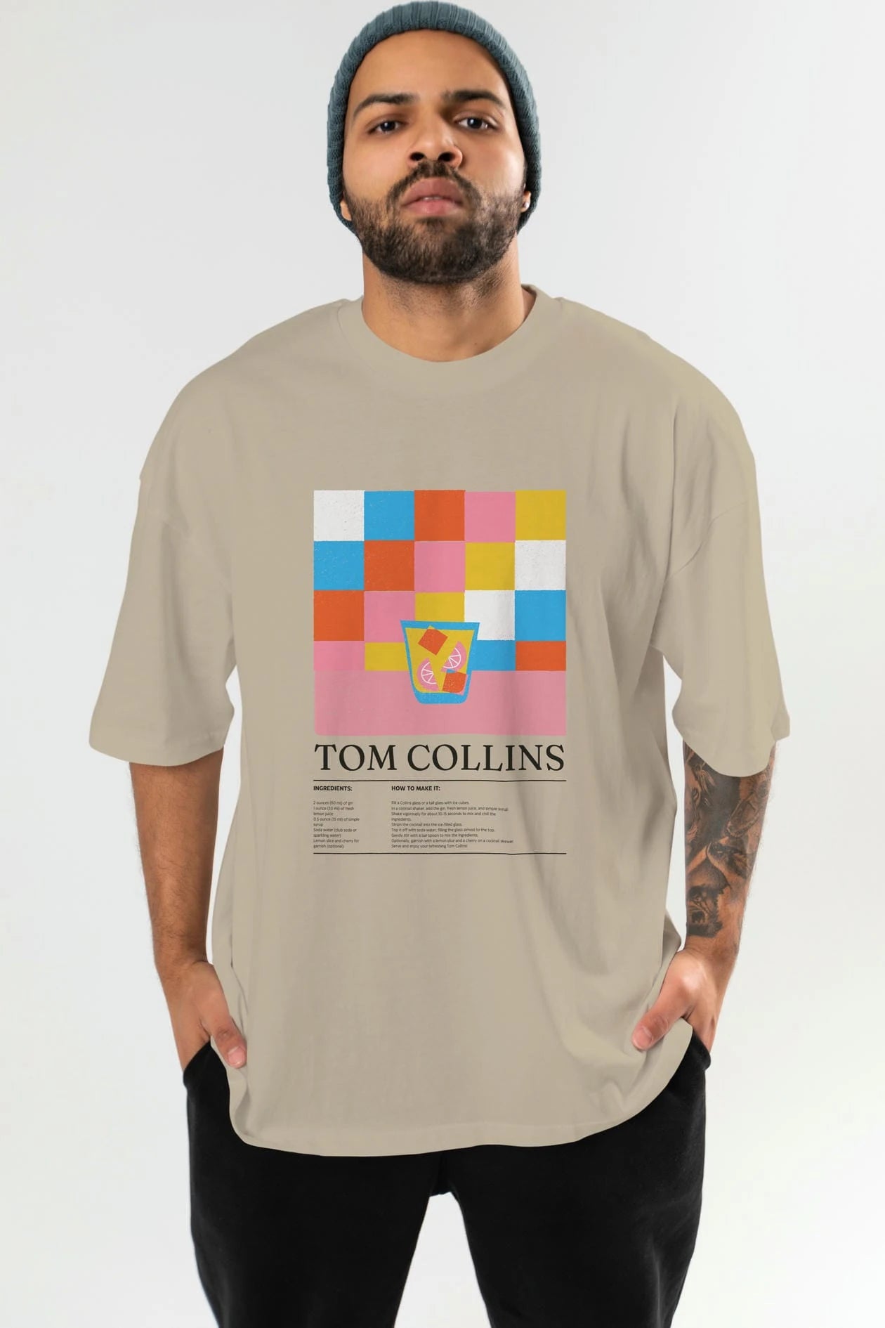 Tom Collins Kokteyl Ön Baskılı Oversize t-shirt Erkek Kadın %100 Pamuk Bisiklet Yaka tişort