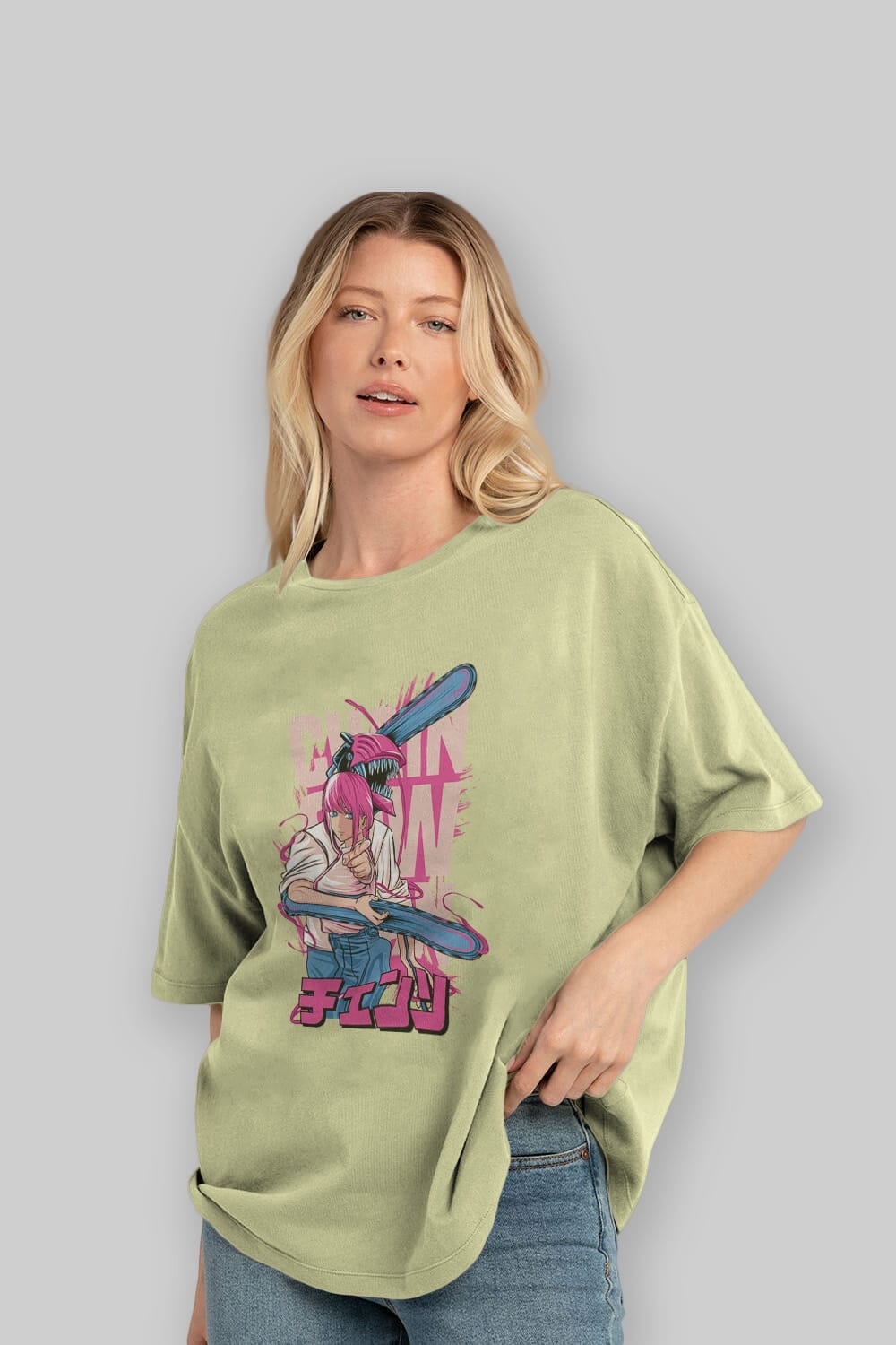 DENJI and MAKIMA Anime Ön Baskılı Oversize t-shirt %100 pamuk Erkek Kadın Unisex