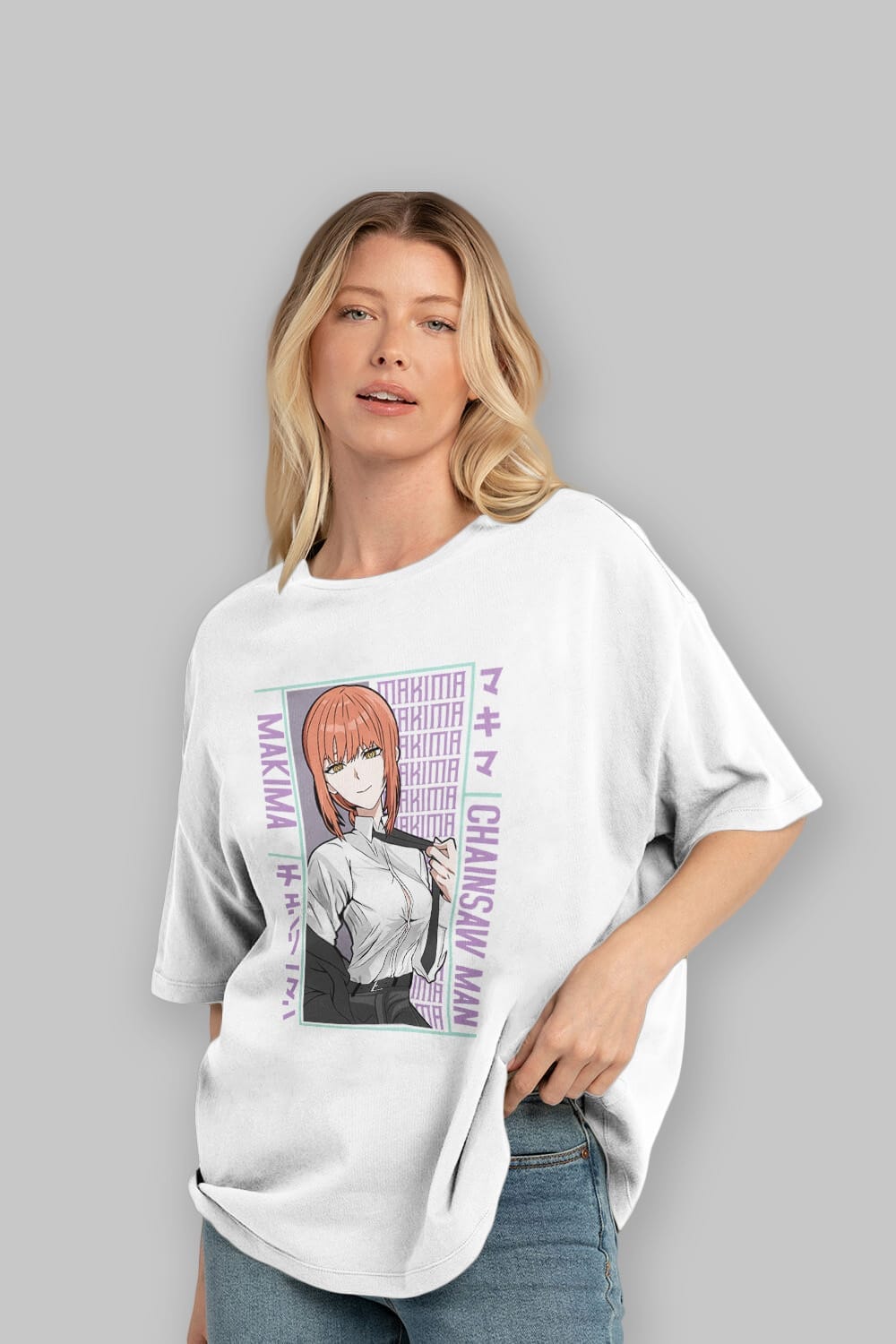 Makima Chain Saw Man Anime Ön Baskılı Oversize t-shirt %100 pamuk Erkek Kadın Unisex
