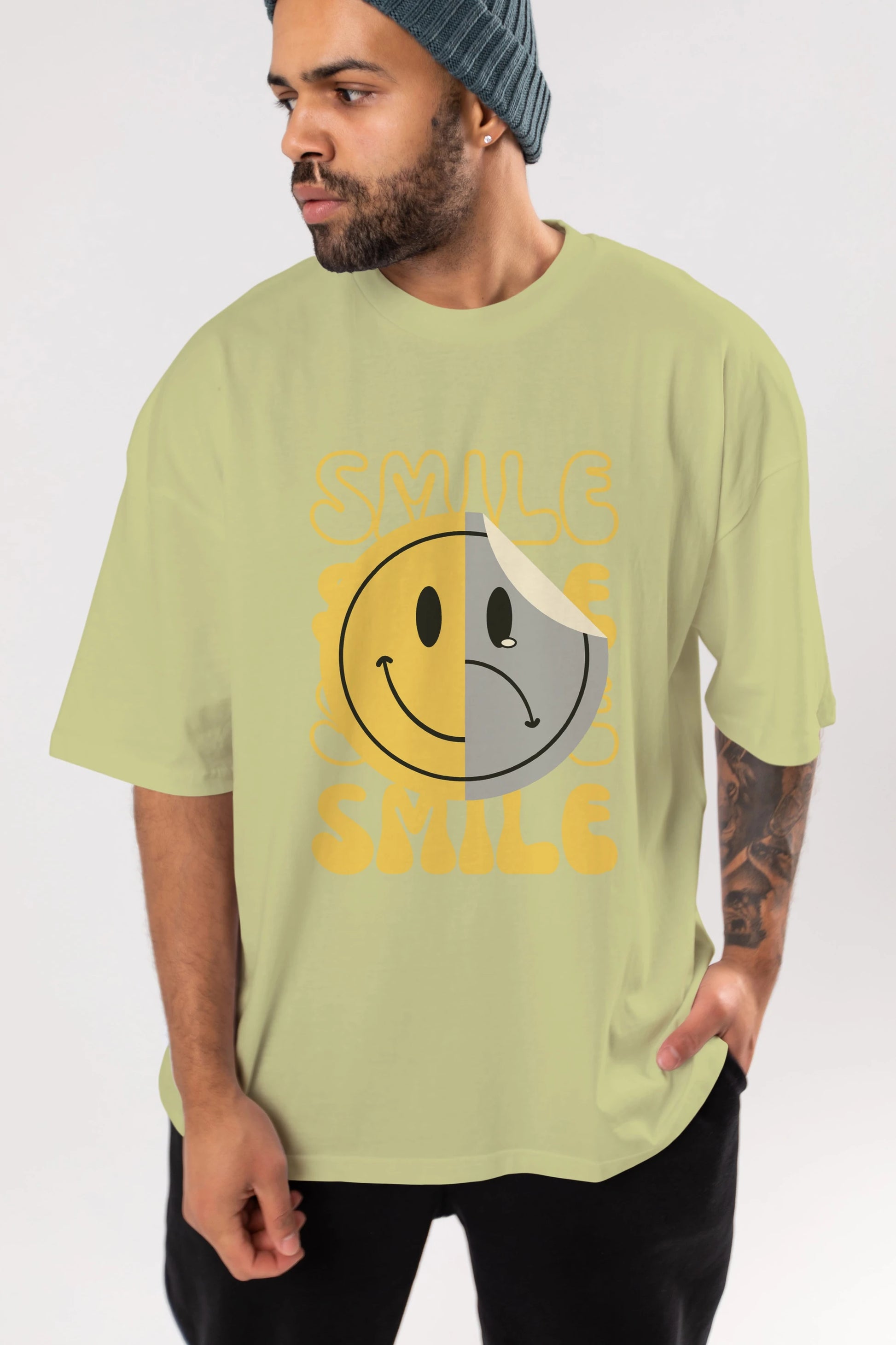 Smile Yazılı Ön Baskılı Oversize t-shirt Erkek Kadın Unisex