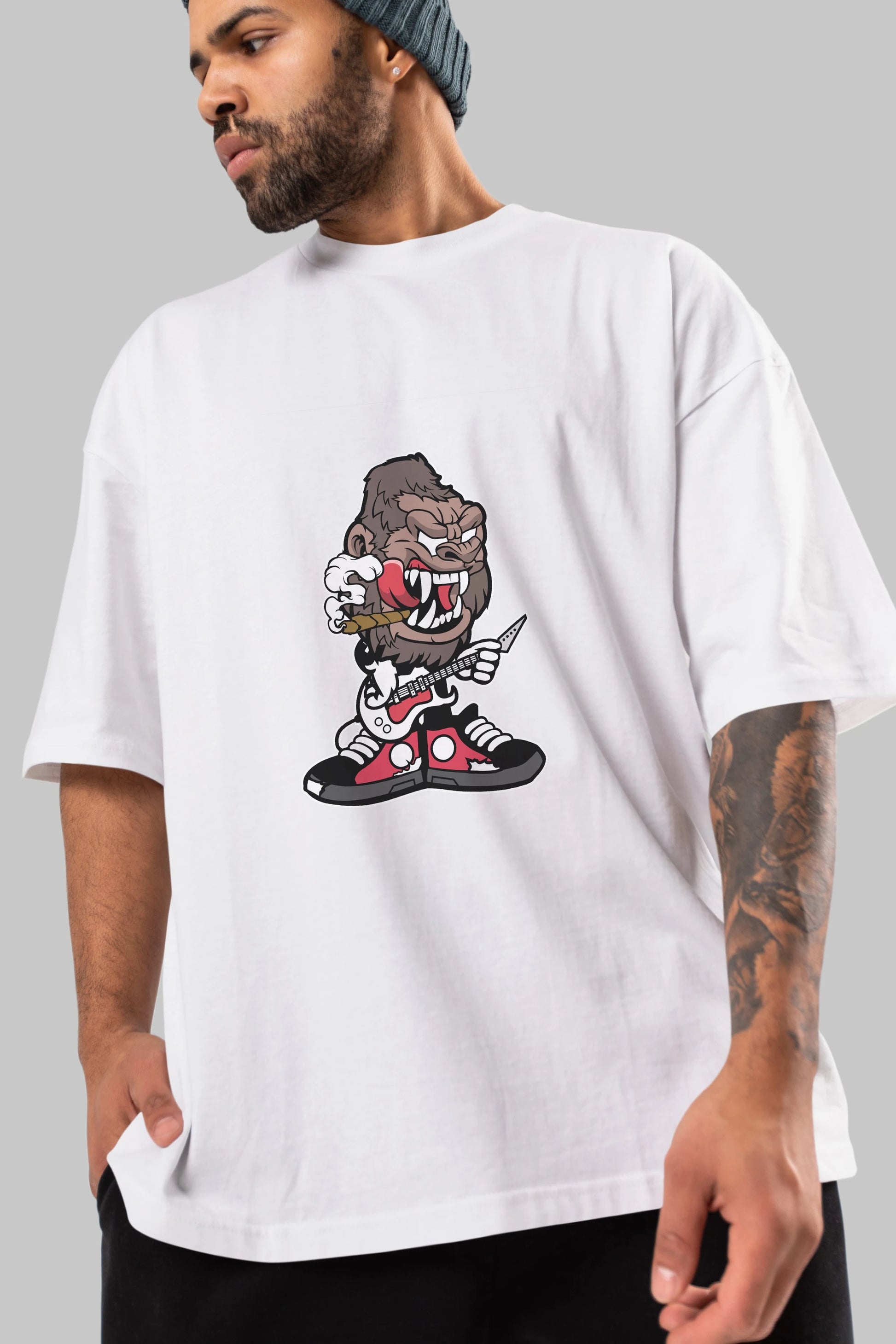 Gorilla Rock Star Ön Baskılı Oversize t-shirt Erkek Kadın Unisex %100 Pamuk tişort