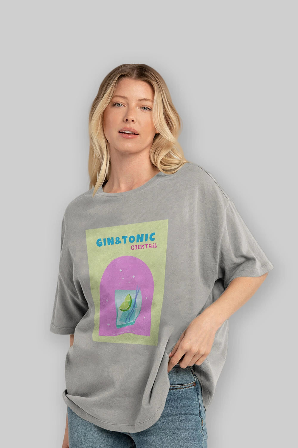 Gin Tonic Cocktail Ön Baskılı Oversize t-shirt Erkek Kadın Unisex %100 Pamuk Bisiklet Yaka tişort