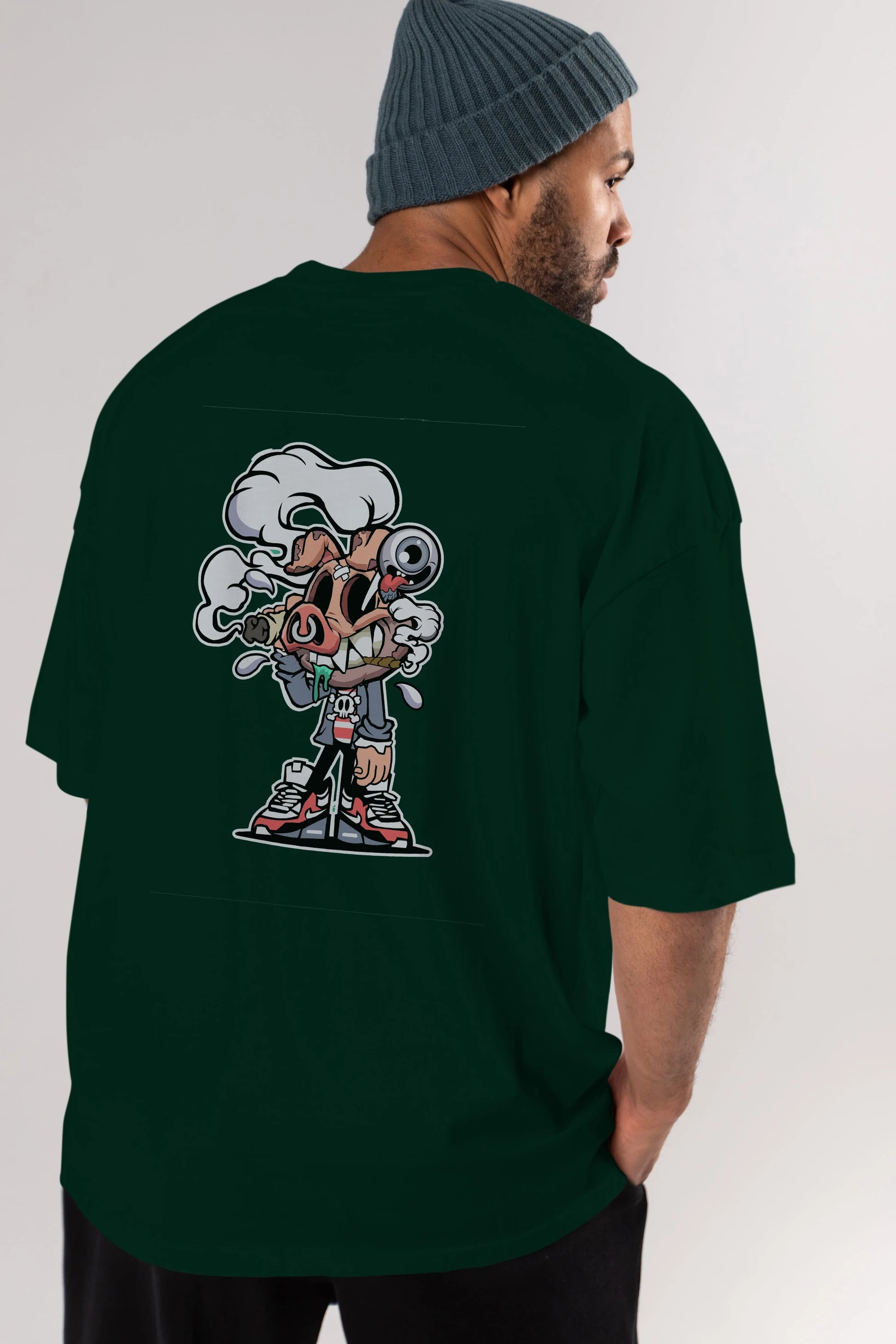 Pig Smoker Arka Baskılı Oversize t-shirt Erkek Kadın Unisex %100 Pamuk tişort