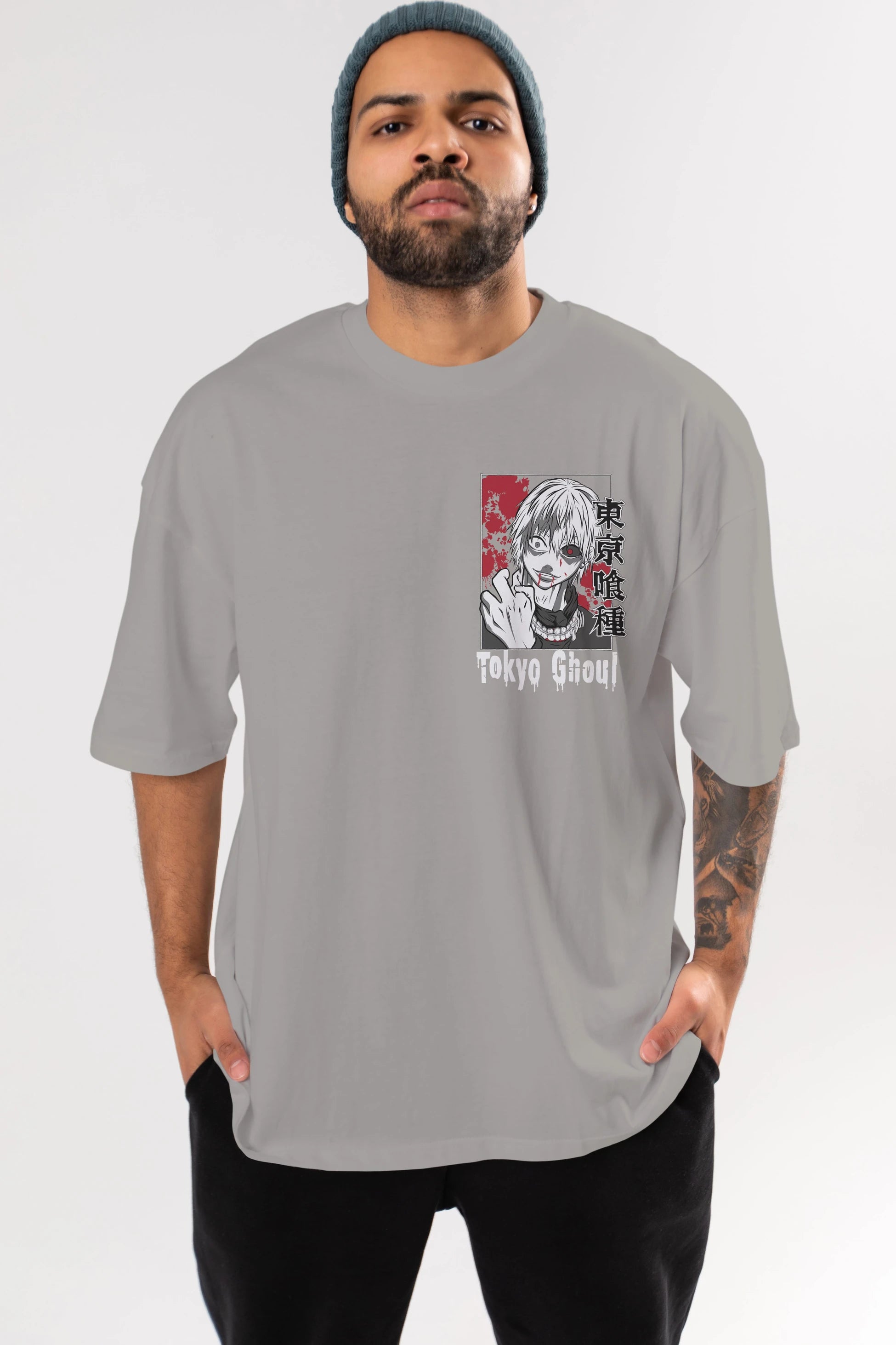 Kaneki Ken TOKYO GHOUL Ön Sol Baskılı Oversize t-shirt Erkek Kadın Unisex %100 Pamuk Bisiklet Yaka tişort