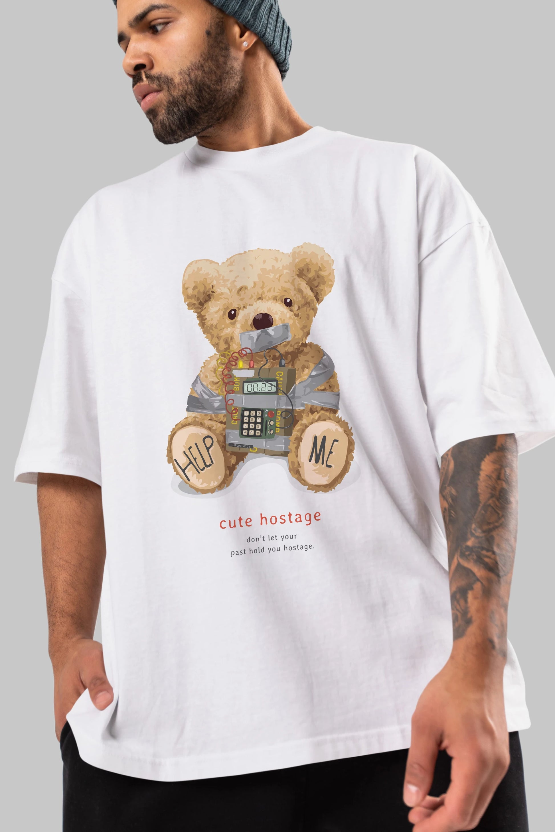Teddy Bear Help Me Ön Baskılı Oversize t-shirt Erkek Kadın Unisex %100 Pamuk