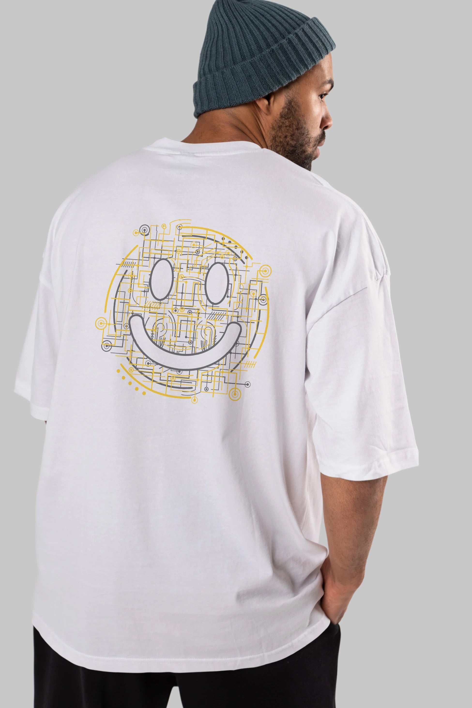Electric Smiley Arka Baskılı Oversize t-shirt %100 pamuk Erkek Kadın Unisex