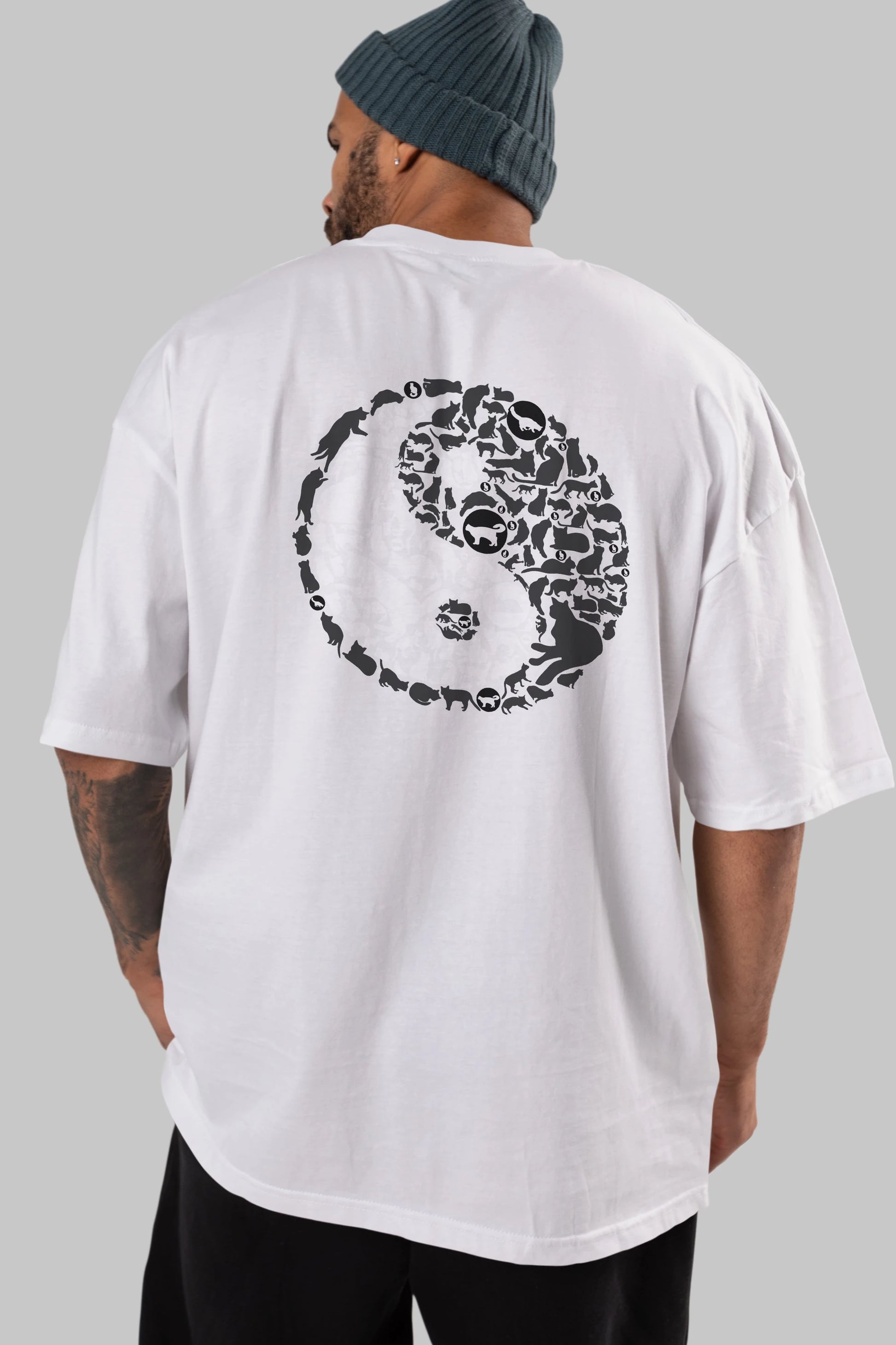 YinYang Cats Arka Baskılı Oversize t-shirt %100 pamuk Erkek Kadın Unisex