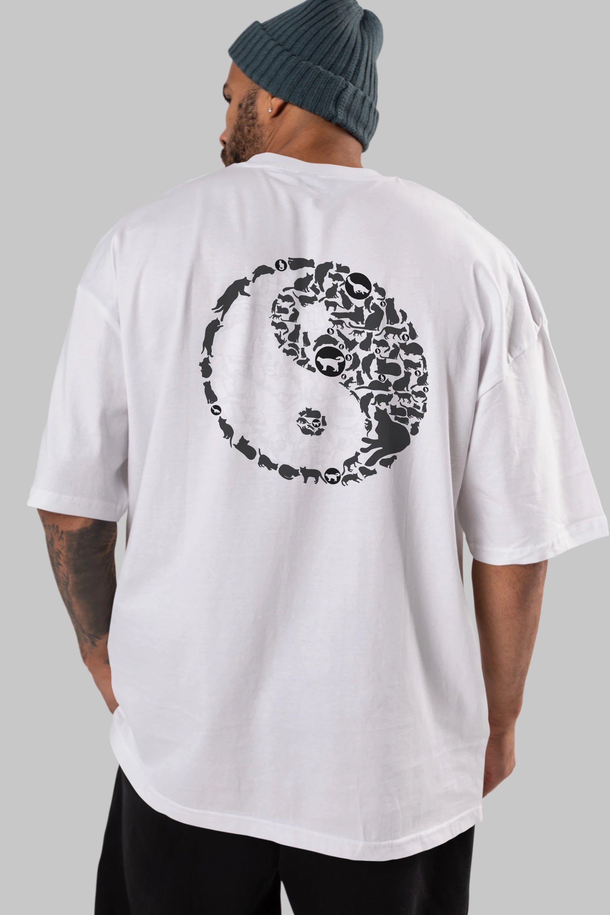 YinYang Cats Arka Baskılı Oversize t-shirt %100 pamuk Erkek Kadın Unisex