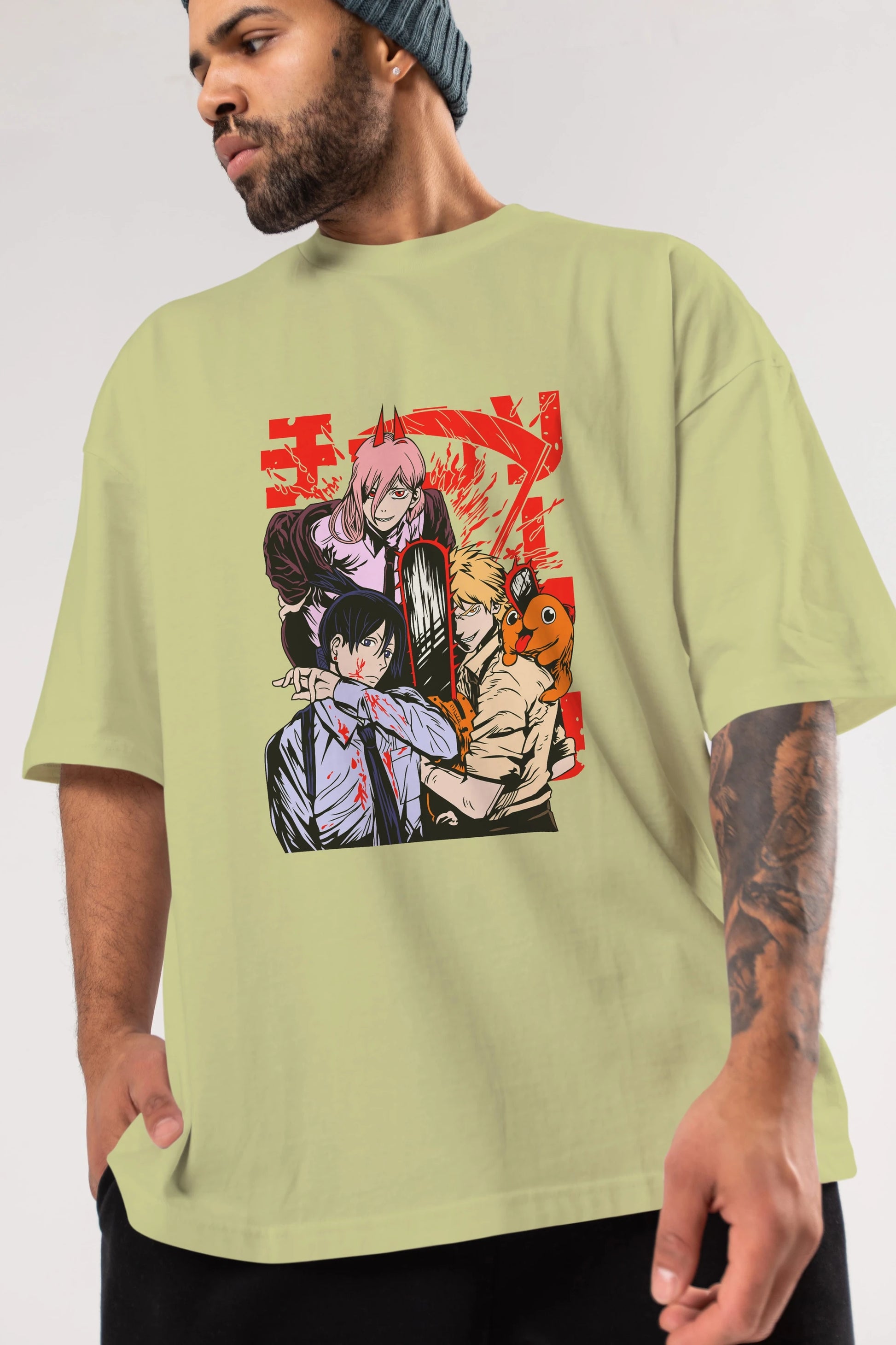 CHAINSAWMAN CREW Anime Ön Baskılı Oversize t-shirt %100 pamuk Erkek Kadın Unisex