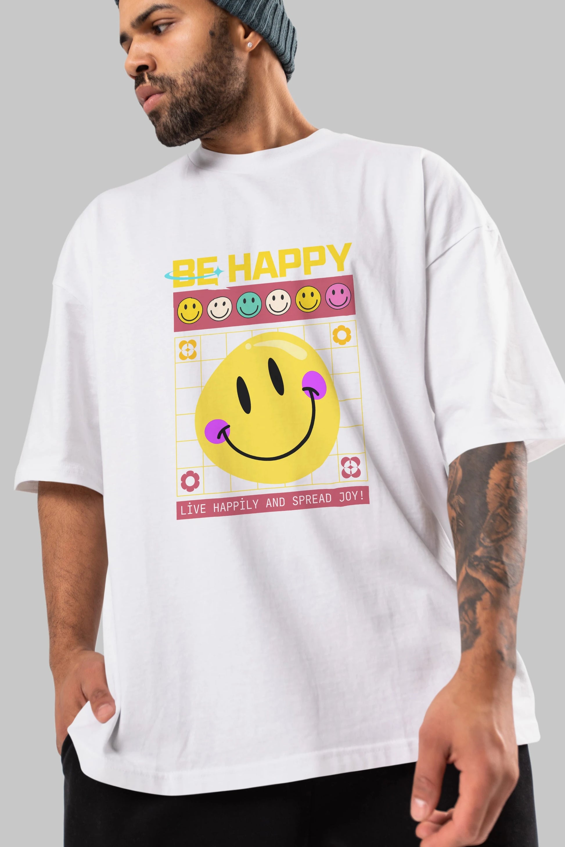 Be Happy Yazılı Ön Baskılı Oversize t-shirt Erkek Kadın Unisex
