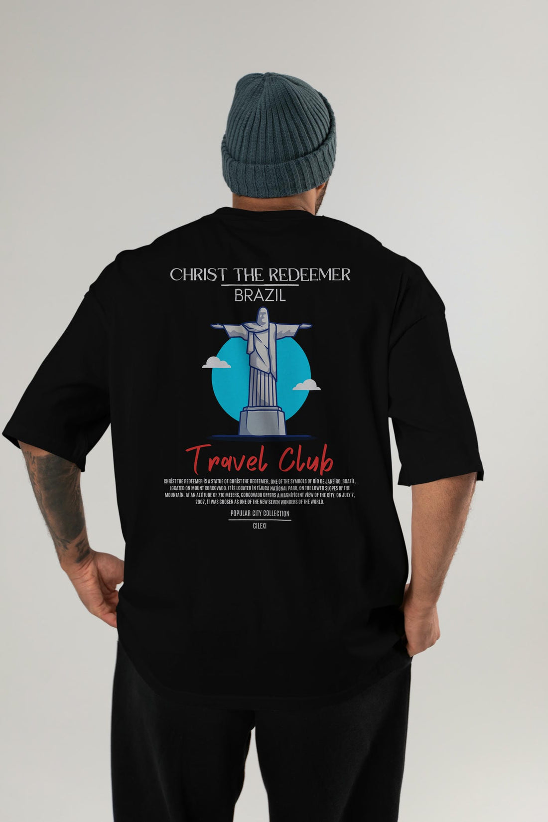 Christ The Redeemer Brazil Arka Baskılı Oversize t-shirt Erkek Kadın Pamuk Bisiklet Yaka tişort