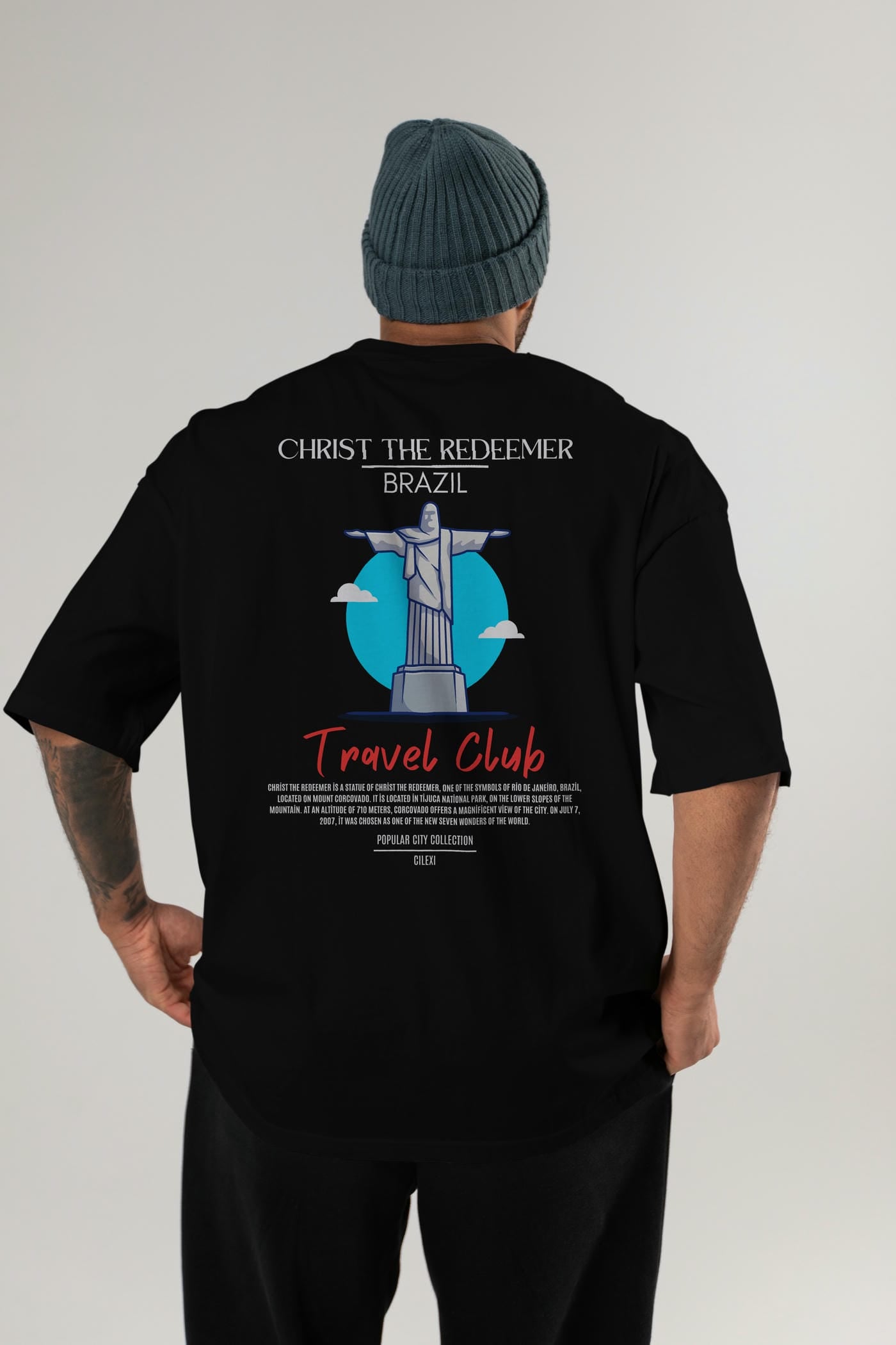 Christ The Redeemer Brazil Arka Baskılı Oversize t-shirt Erkek Kadın Pamuk Bisiklet Yaka tişort