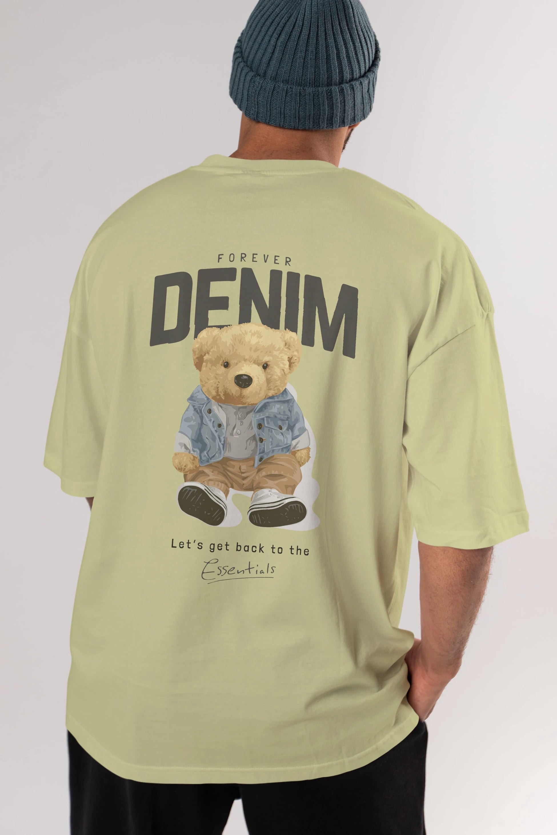 Teddy Bear Forever Denim Arka Baskılı Oversize t-shirt Erkek Kadın Unisex %100 Pamuk
