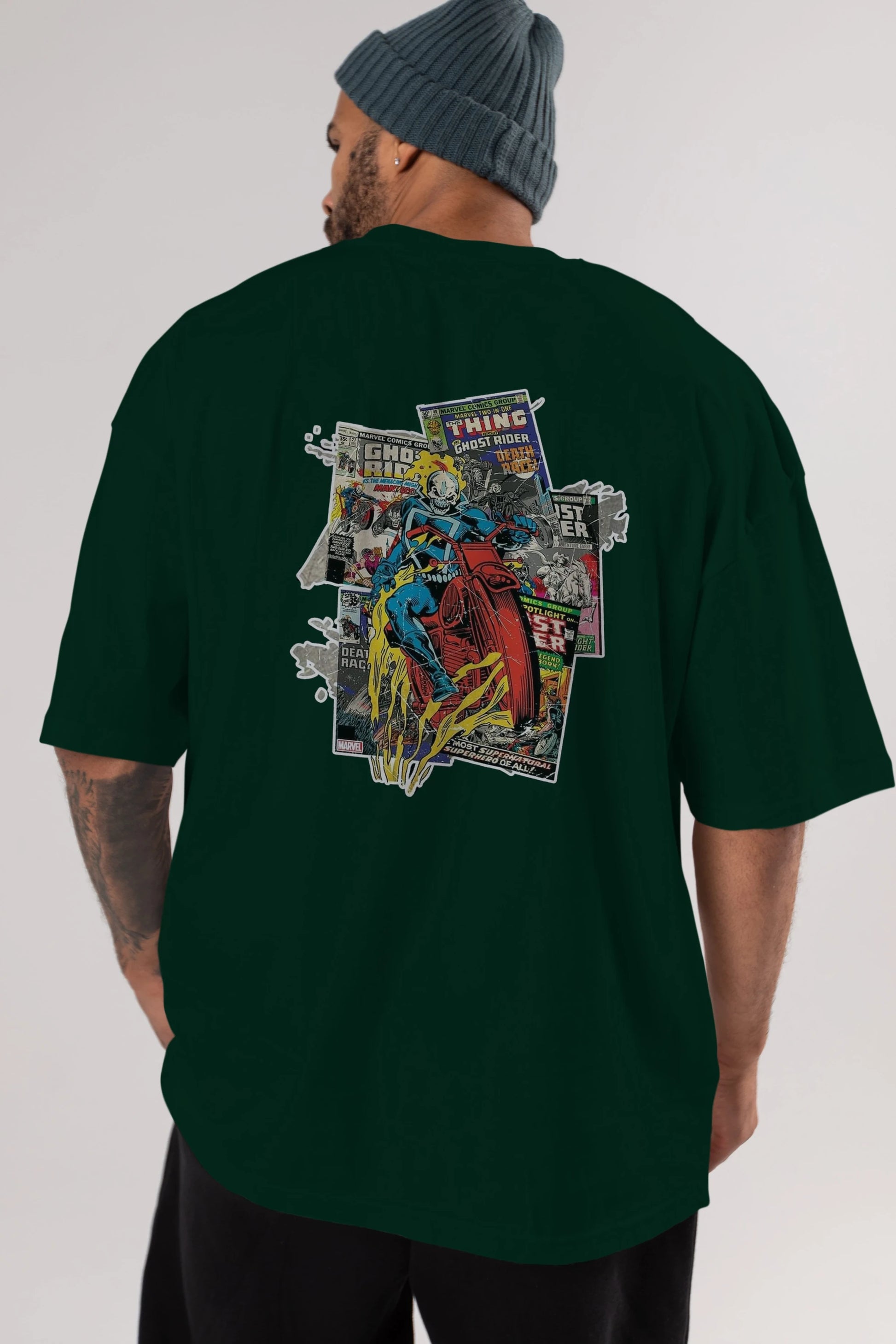 Ghost Rider Arka Baskılı Oversize t-shirt Erkek Kadın Unisex %100 Pamuk Bisiklet Yaka tişort