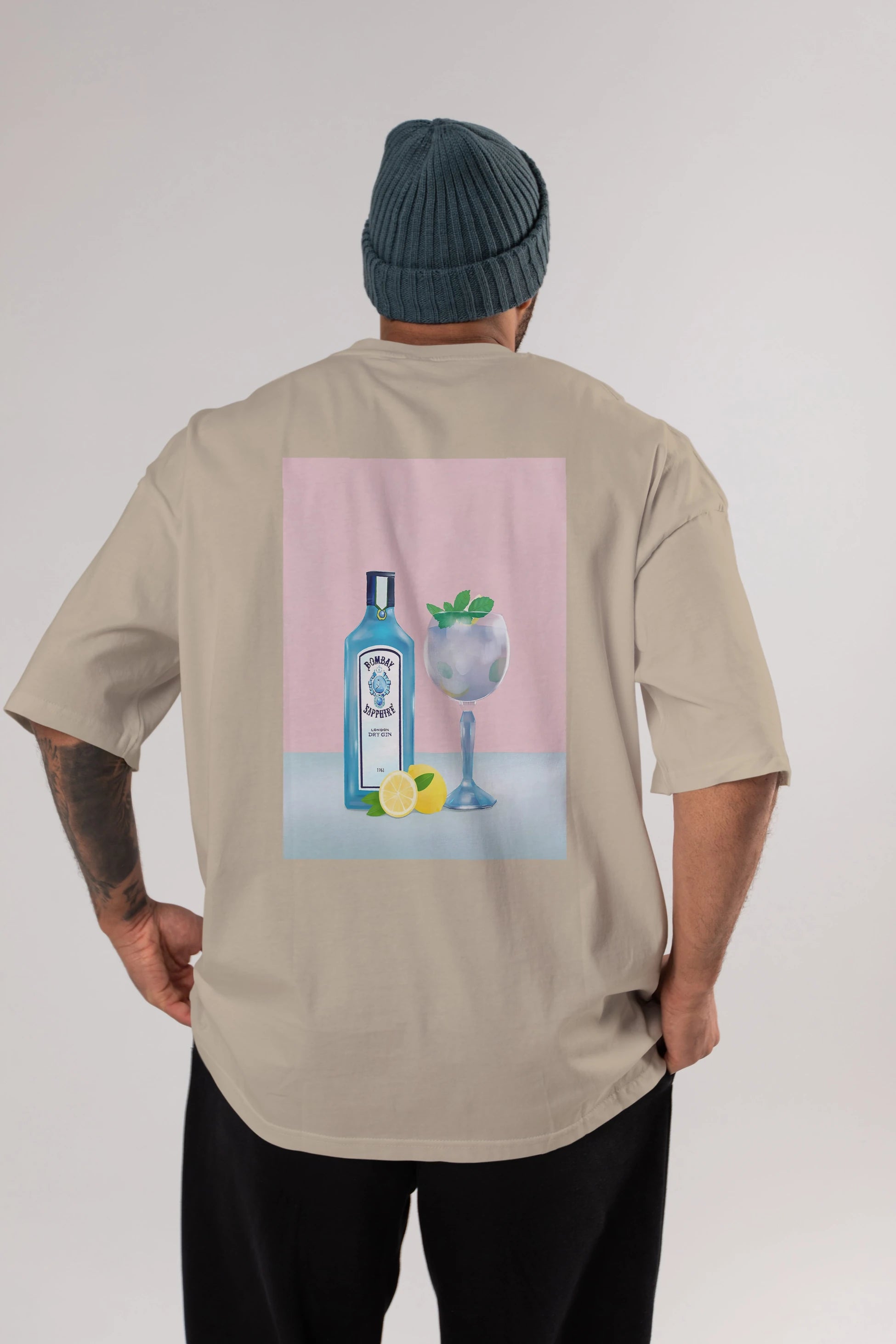 Bombay Sapphire Dry Gin Arka Baskılı Oversize t-shirt Erkek Kadın Unisex %100 Pamuk Bisiklet Yaka tişort