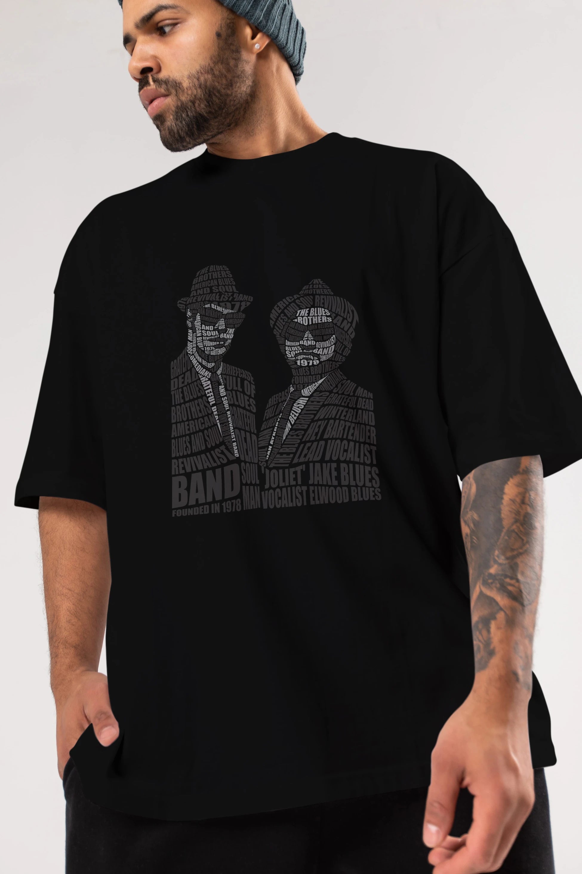 Blues Brothers Calligram Ön Baskılı Oversize t-shirt %100 pamuk Erkek Kadın Unisex