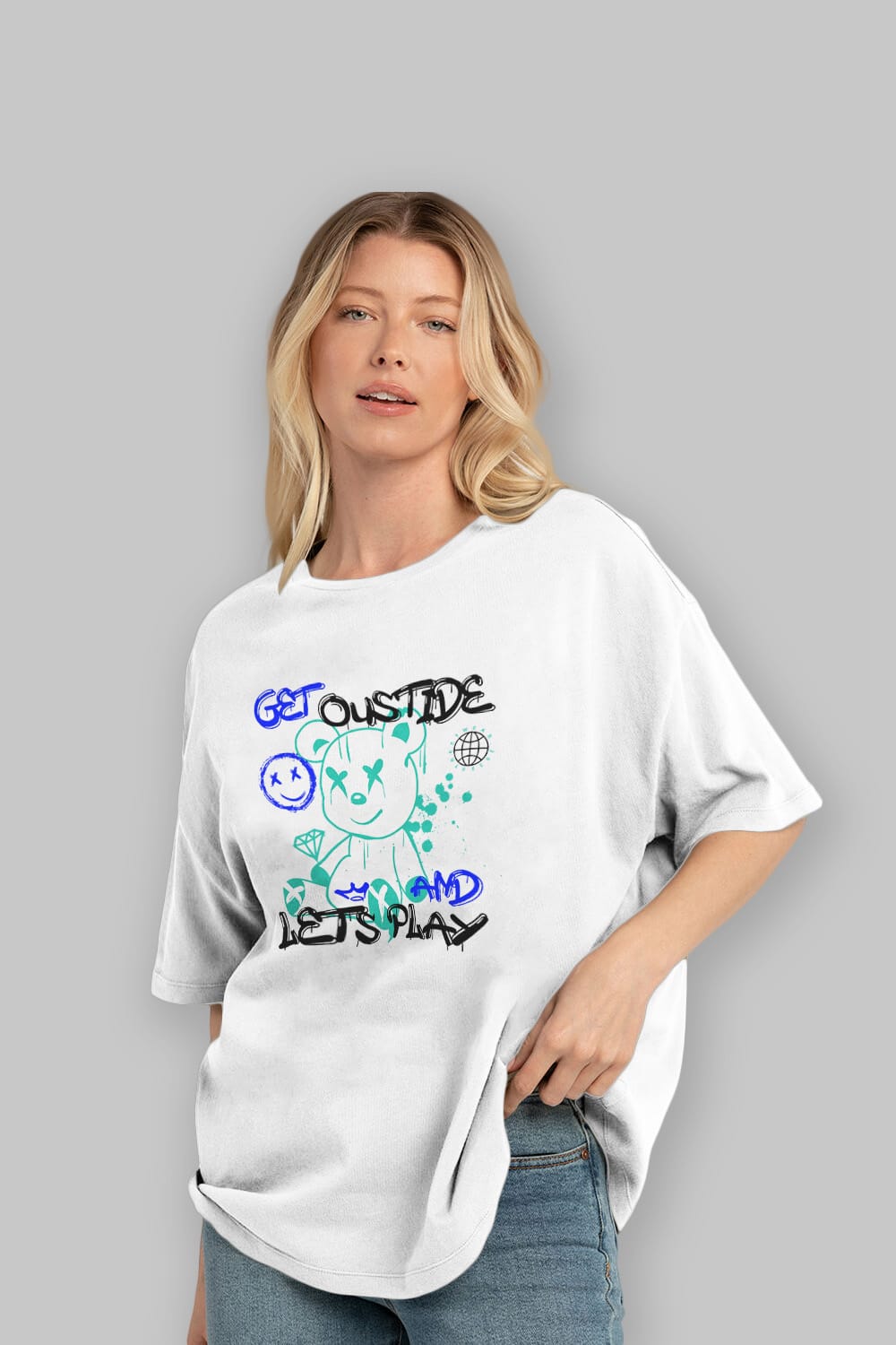Get Outside Bear Ön Baskılı Oversize t-shirt Erkek Kadın Unisex