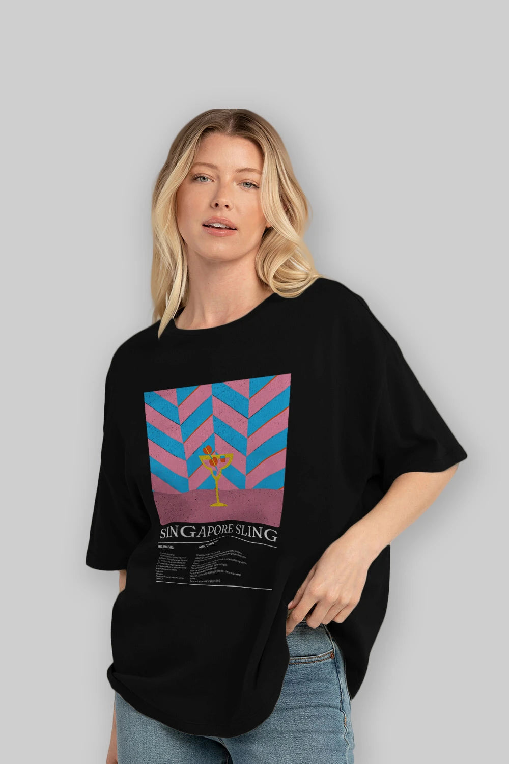 Sıngapore Sling Kokteyl Ön Baskılı Oversize t-shirt Erkek Kadın %100 Pamuk Bisiklet Yaka tişort