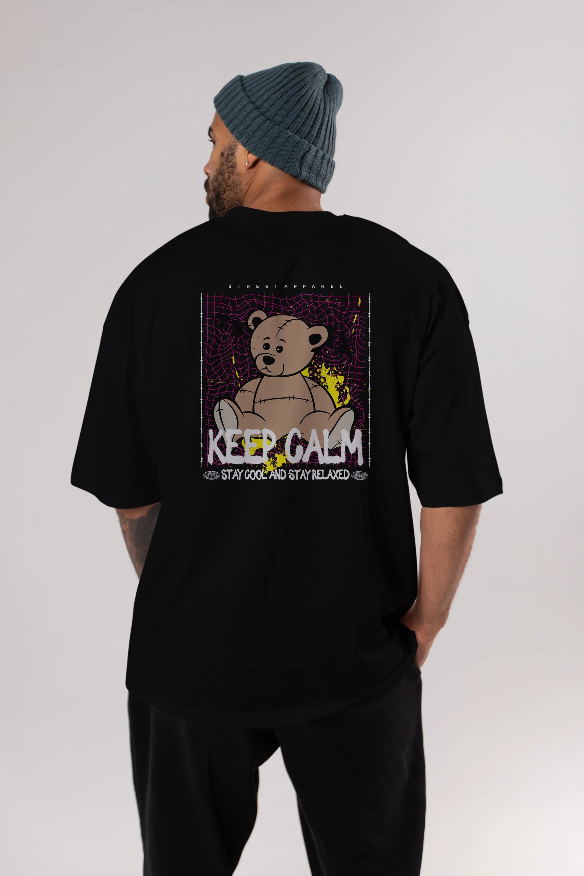 Keep Calm Bear Arka Baskılı Oversize t-shirt Erkek Kadın Unisex