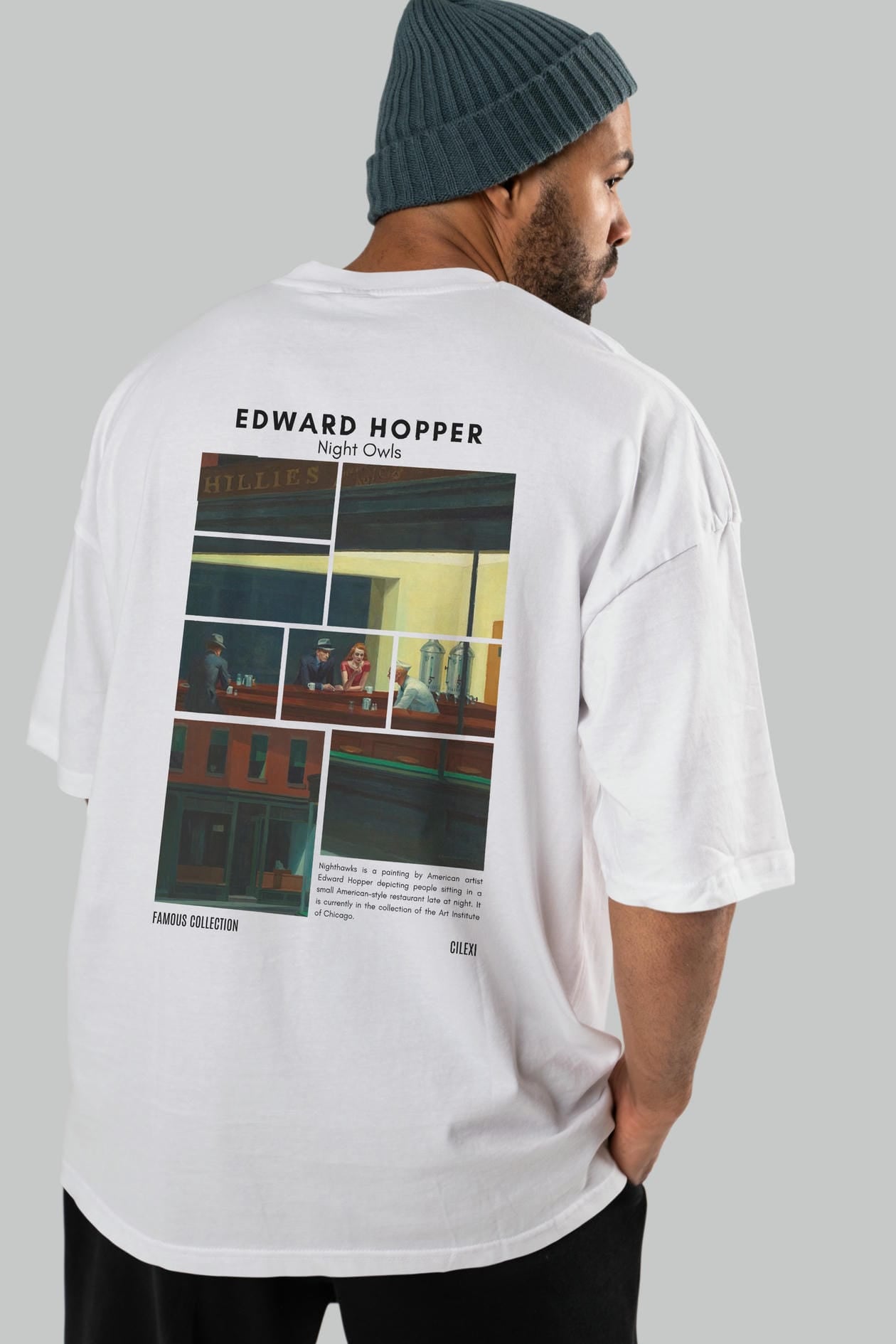 Edward Hopper Night Owls Arka Baskılı Oversize t-shirt Erkek Kadın Bisiklet Yaka Pamuk tişort