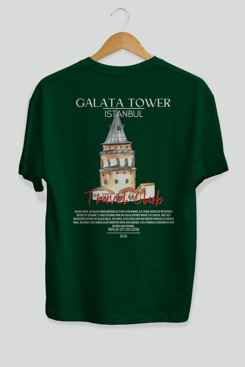 Galata Tower İstanbul Arka Baskılı Oversize t-shirt Erkek Kadın Pamuk Bisiklet Yaka tişort