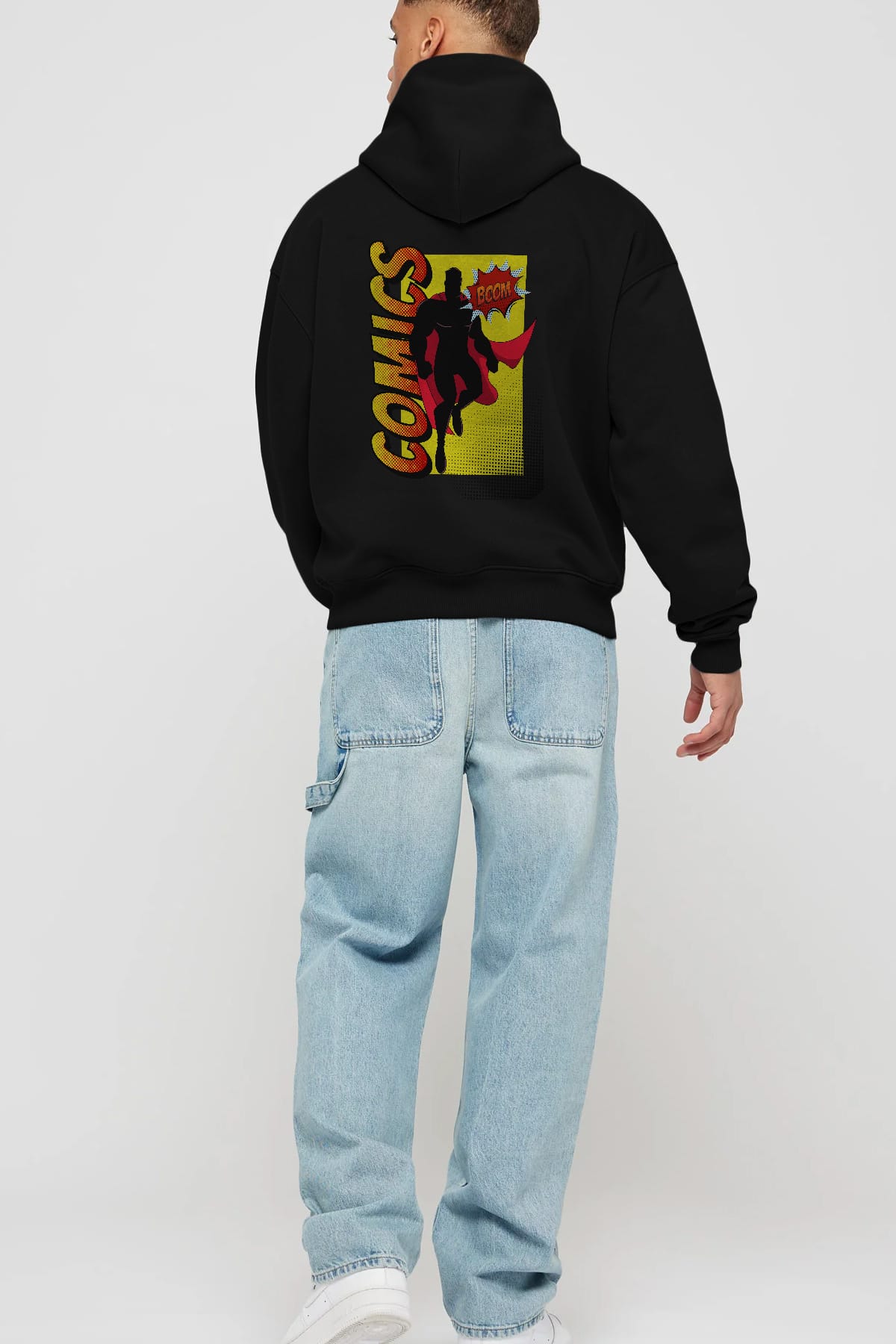 Comics Boom Arka Baskılı Oversize Hoodie Kapüşonlu Sweatshirt Erkek Kadın Unisex