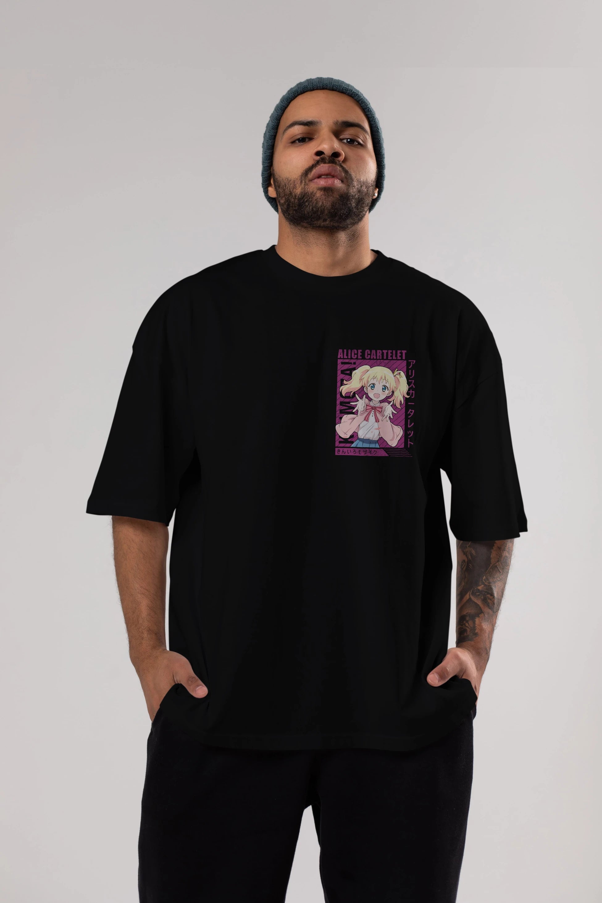 Alice Cartelet 12 Ön Sol Baskılı Oversize t-shirt Erkek Kadın Unisex %100 Pamuk Bisiklet Yaka tişort