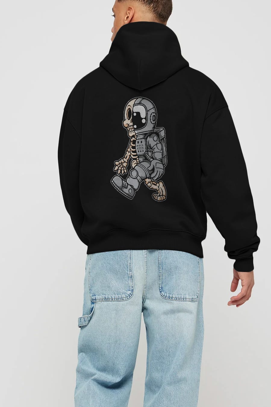 Astronaut Half Skull Arka Baskılı Hoodie Oversize Kapüşonlu Sweatshirt Erkek Kadın Unisex