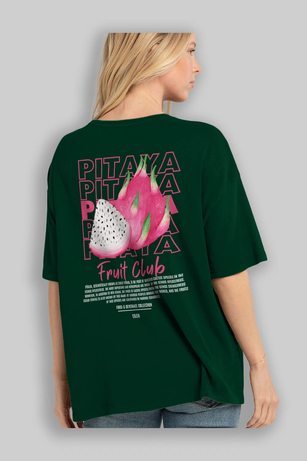Pitaya Arka Baskılı Oversize t-shirt Erkek Kadın Pamuk Bisiklet Yaka tişort