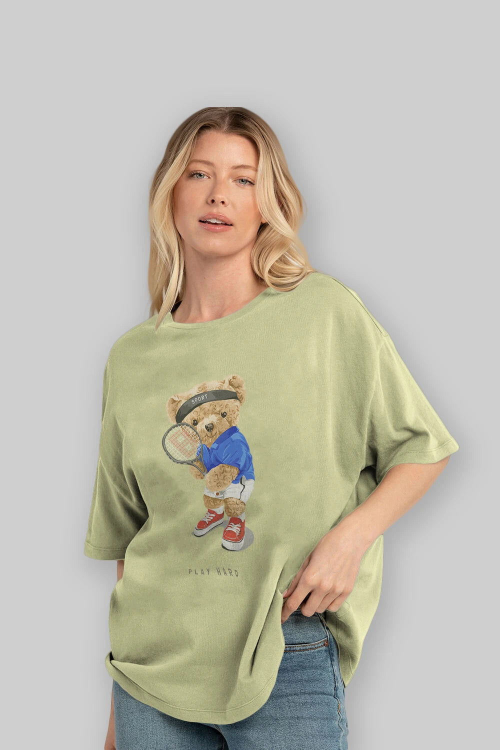 Teddy Bear Play Hard Ön Baskılı Oversize t-shirt Erkek Kadın Unisex %100 Pamuk