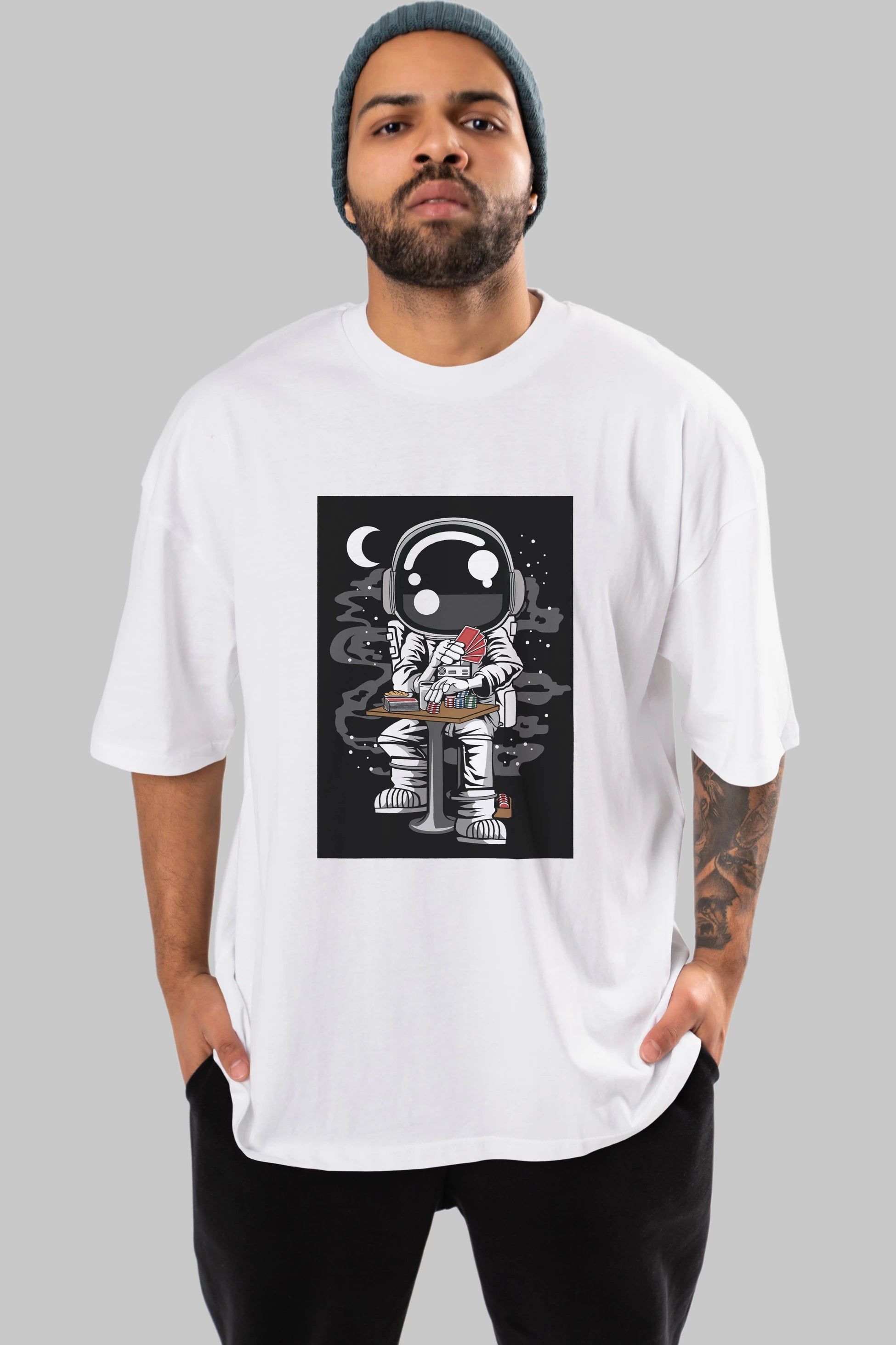 Astronaut Gambler Ön Baskılı Oversize t-shirt Erkek Kadın Unisex