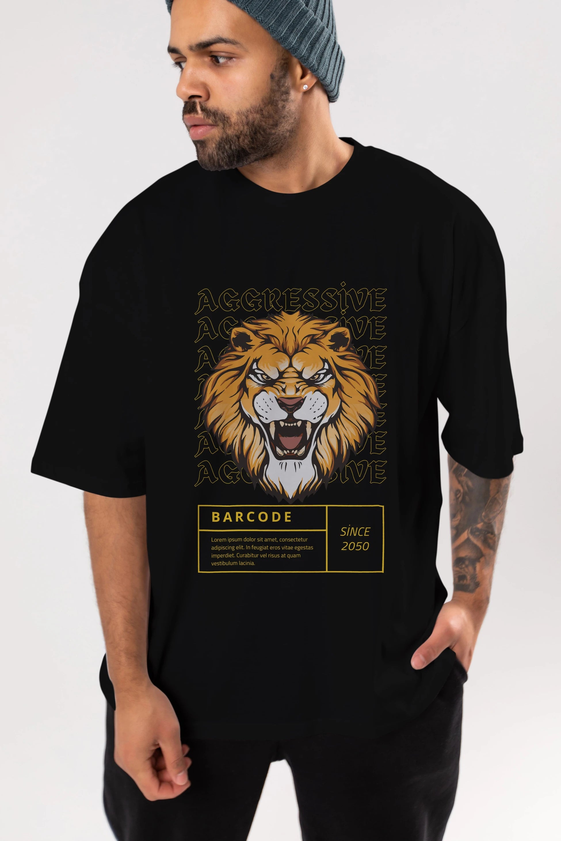 Aggressive Lion Ön Baskılı Oversize t-shirt Erkek Kadın Unisex