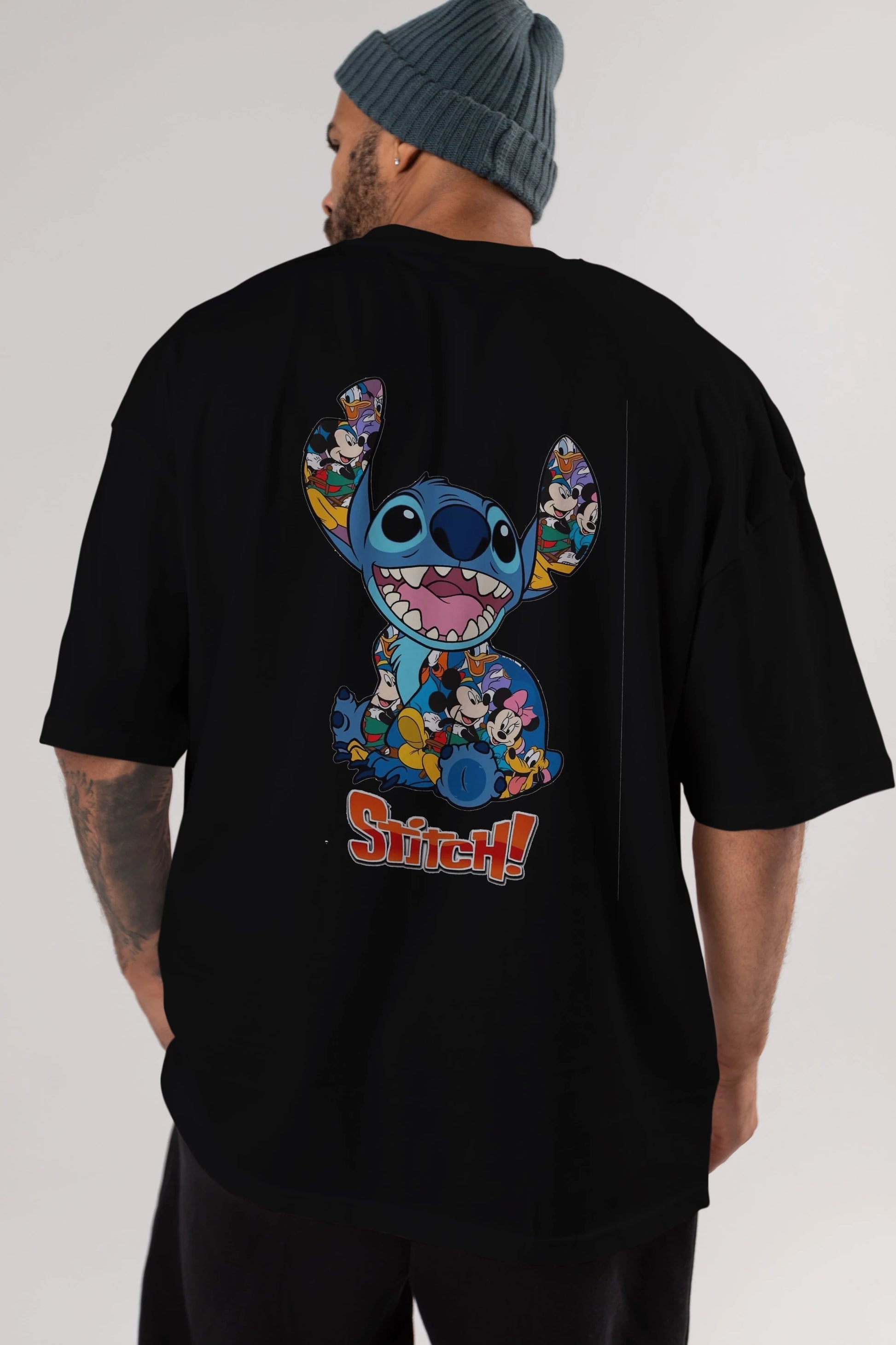 Stitch Arka Baskılı Oversize t-shirt Erkek Kadın Unisex %100 Pamuk Bisiklet Yaka tişort