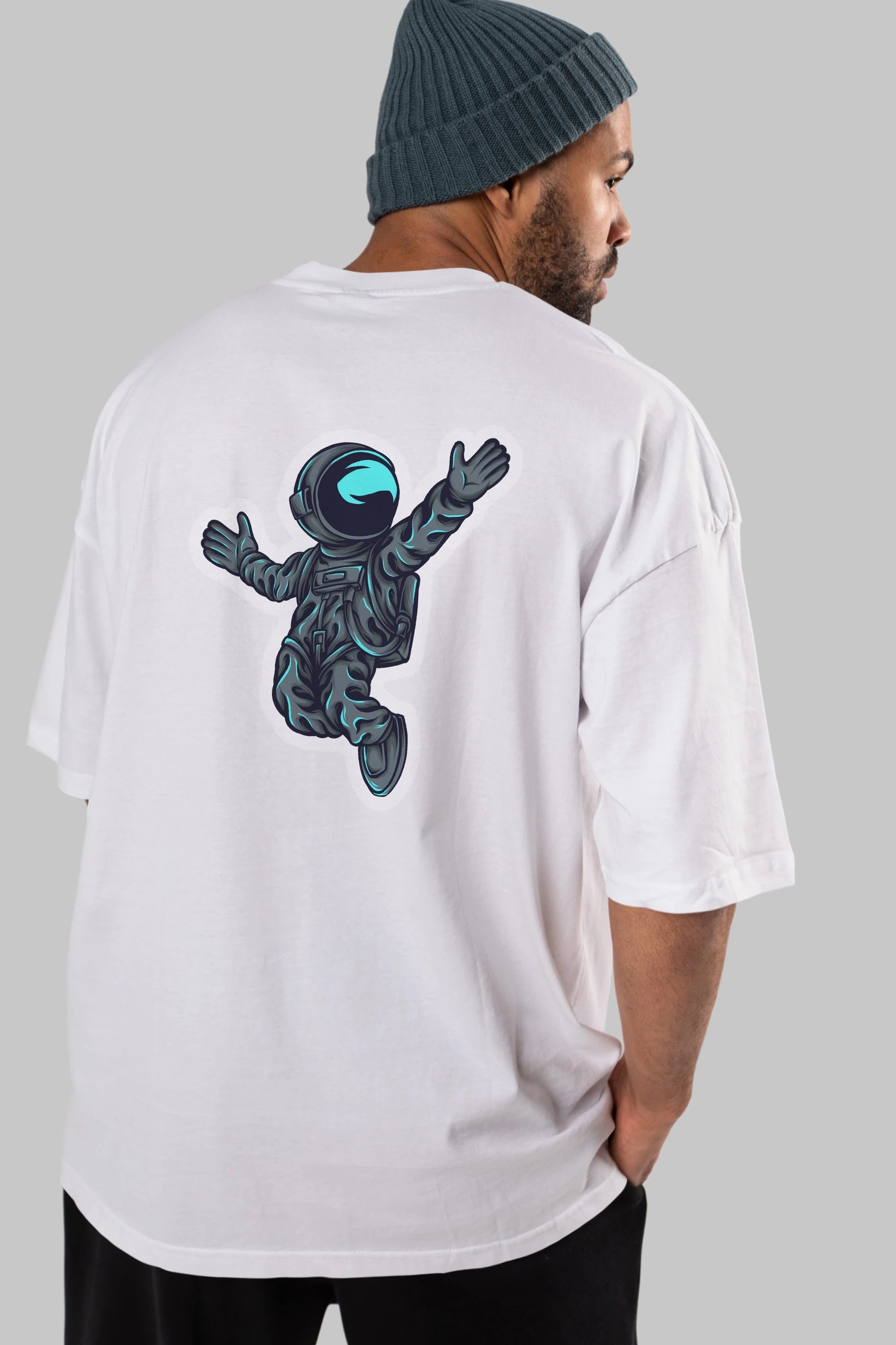 Happy Astronaut Sticker Arka Baskılı Oversize t-shirt Erkek Kadın Unisex