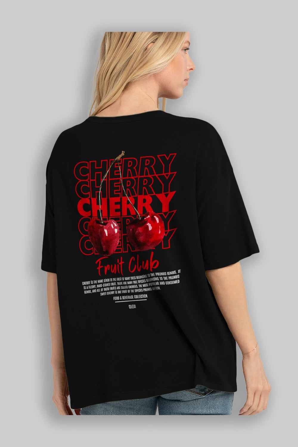 Cherry Arka Baskılı Oversize t-shirt Erkek Kadın Pamuk Bisiklet Yaka tişort
