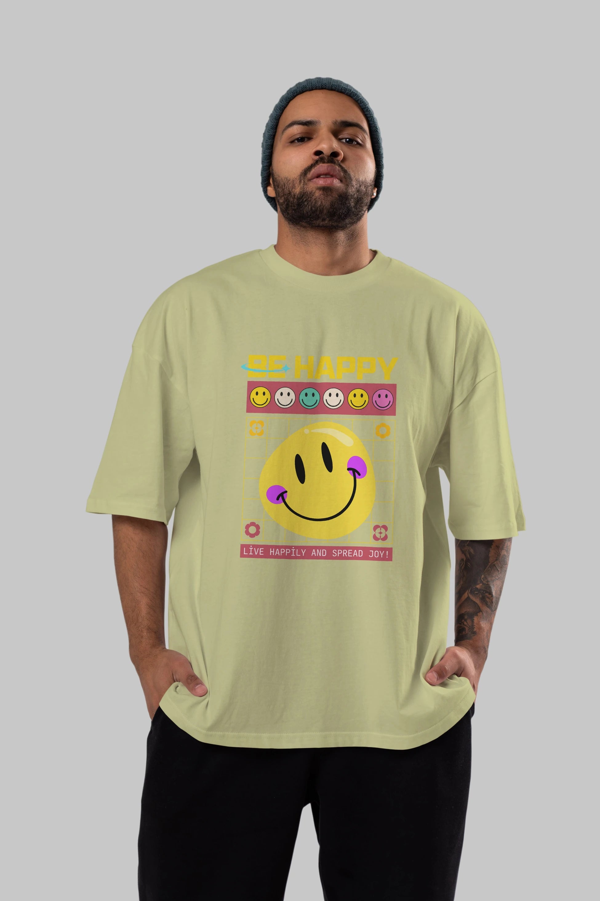 Be Happy Yazılı Ön Baskılı Oversize t-shirt Erkek Kadın Unisex
