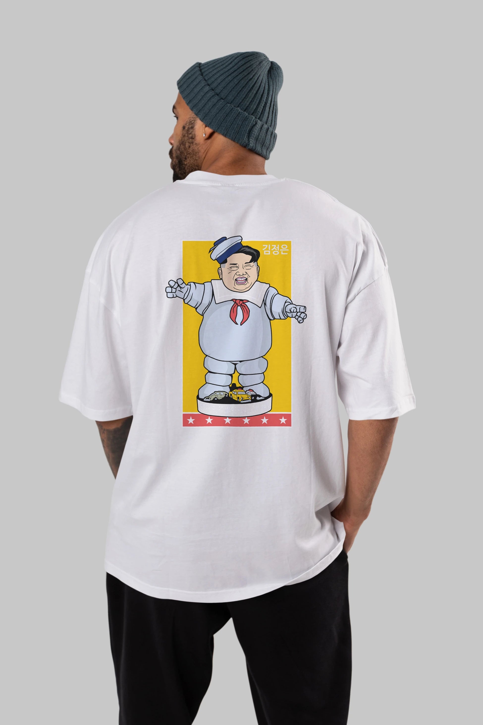 Stay Puft Jong Un Arka Baskılı Oversize t-shirt Erkek Kadın Unisex %100 Pamuk tişort