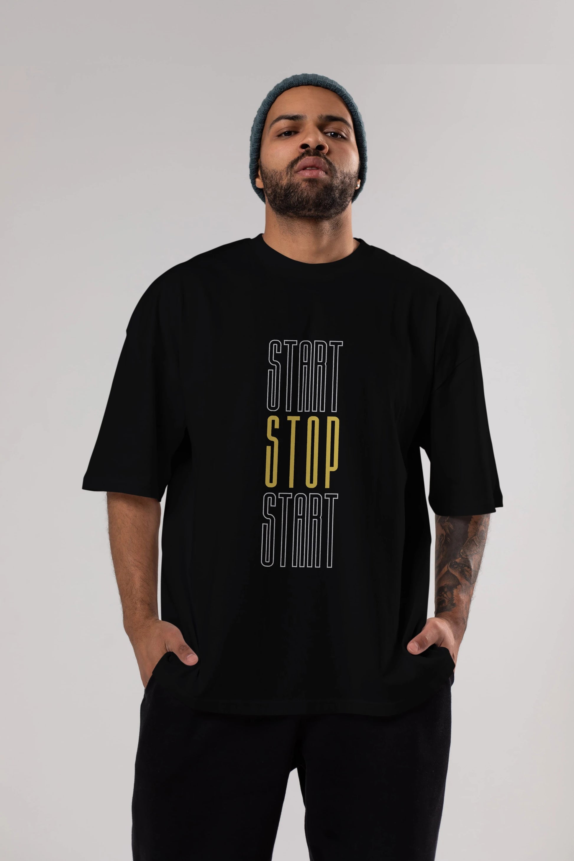 Start Stop Start Yazılı Ön Baskılı Oversize t-shirt Erkek Kadın Unisex