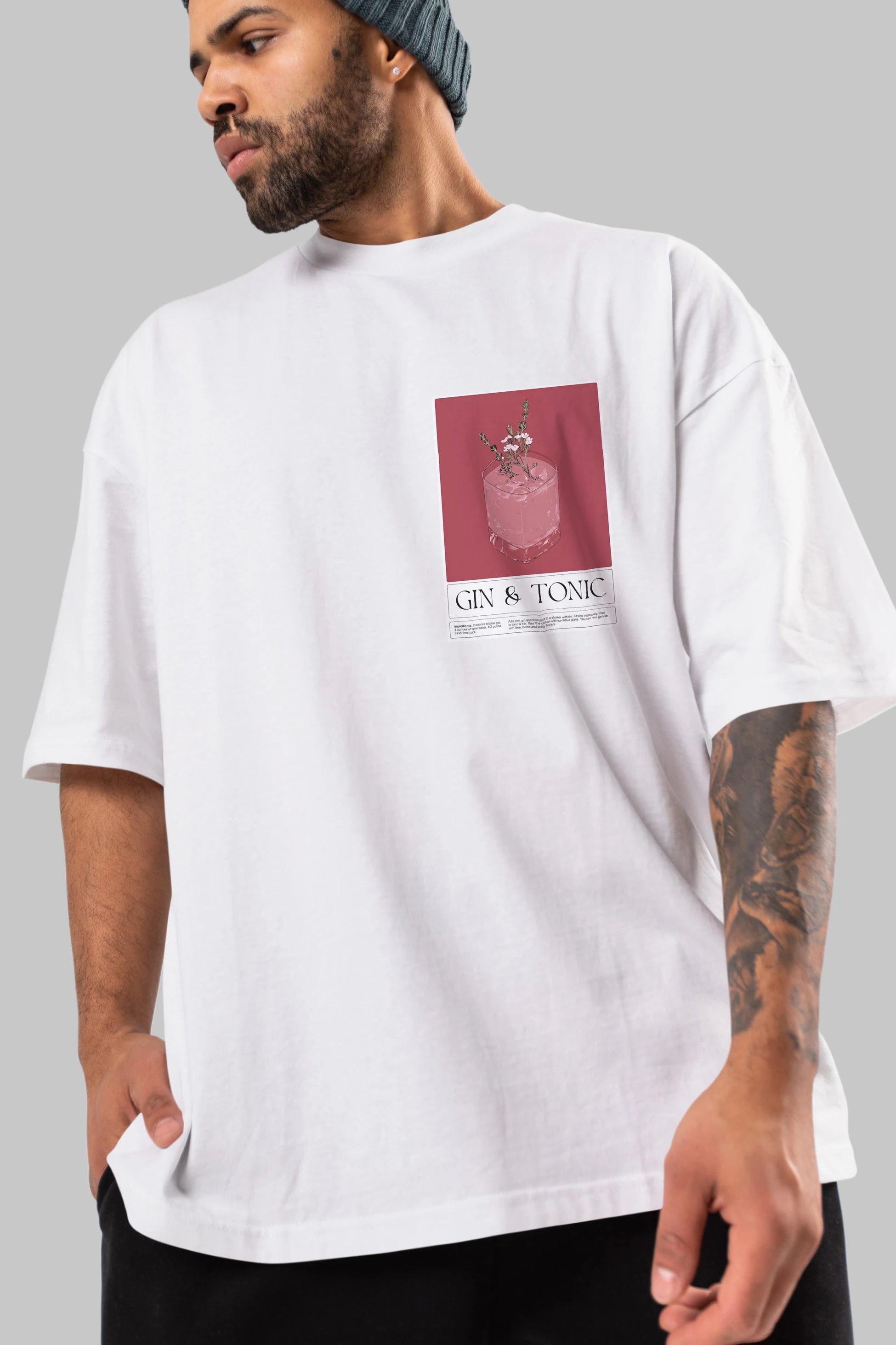 Gin Tonic 4 Ön Sol Baskılı Oversize t-shirt Erkek Kadın Unisex %100 Pamuk Bisiklet Yaka tişort