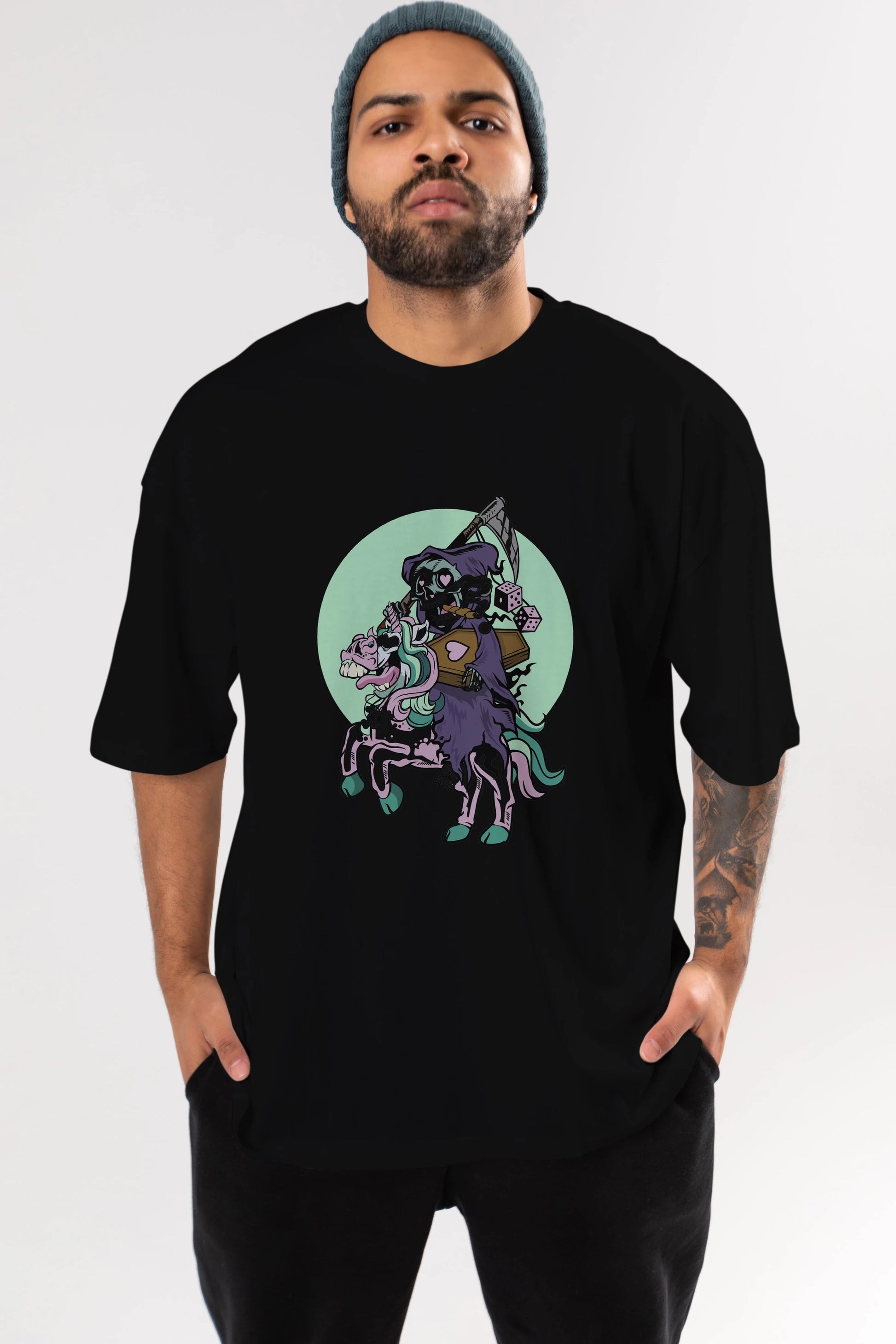 Grim Reaper Riding Unicorn Ön Baskılı Oversize t-shirt Erkek Kadın Unisex %100 Pamuk tişort