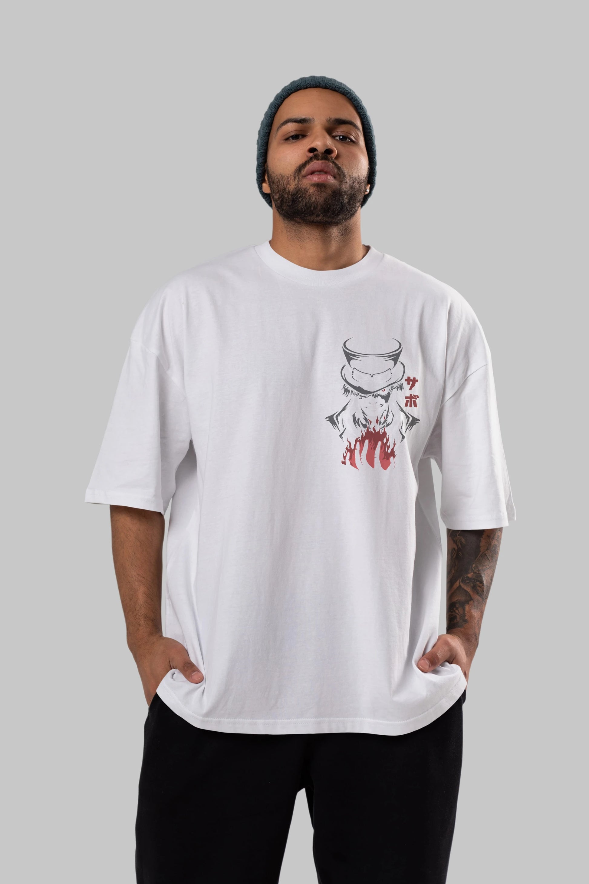 SaboOnePiece Ön Sol Baskılı Oversize t-shirt Erkek Kadın Unisex %100 Pamuk Bisiklet Yaka tişort
