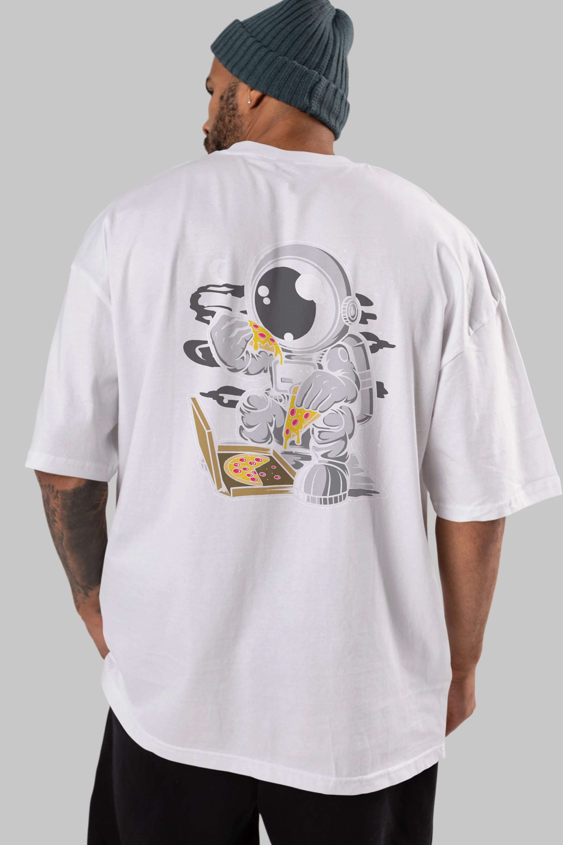 Astronaut Pizza Arka Baskılı Oversize t-shirt Erkek Kadın Unisex