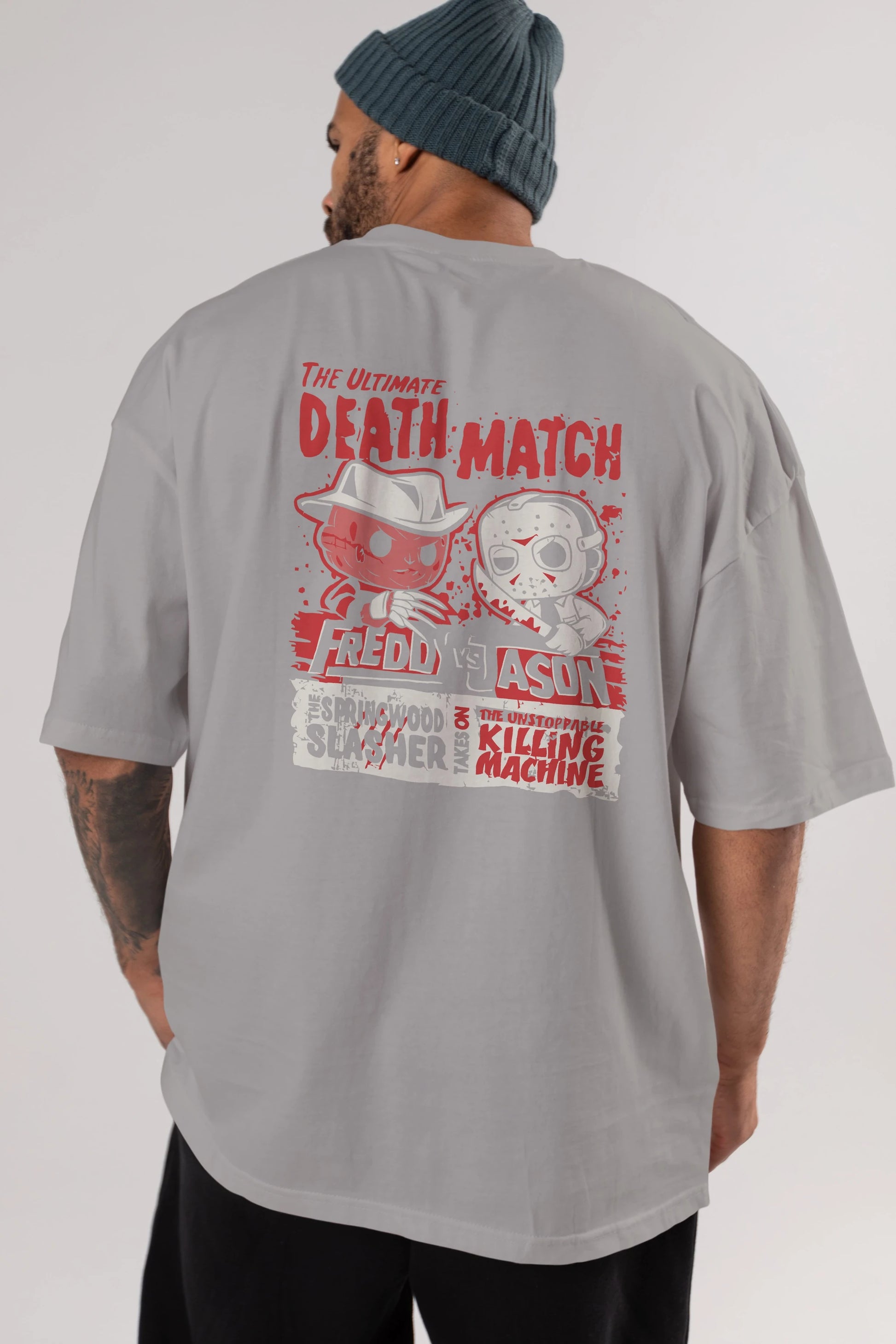 Freddy vs Jason Arka Baskılı Oversize t-shirt Erkek Kadın Unisex %100 Pamuk Bisiklet Yaka tişort