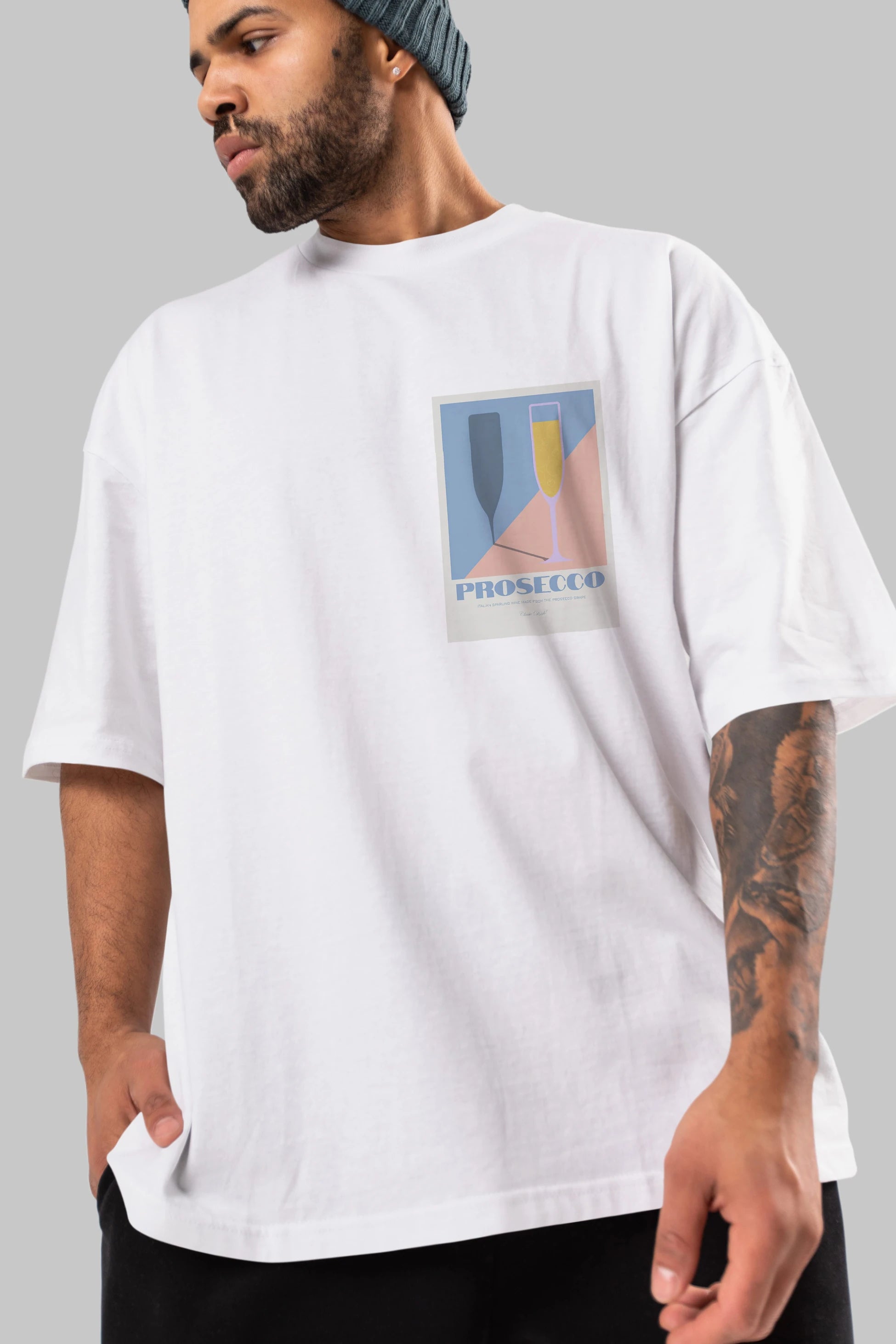 Prosecco Ön Sol Baskılı Oversize t-shirt Erkek Kadın Unisex %100 Pamuk Bisiklet Yaka tişort