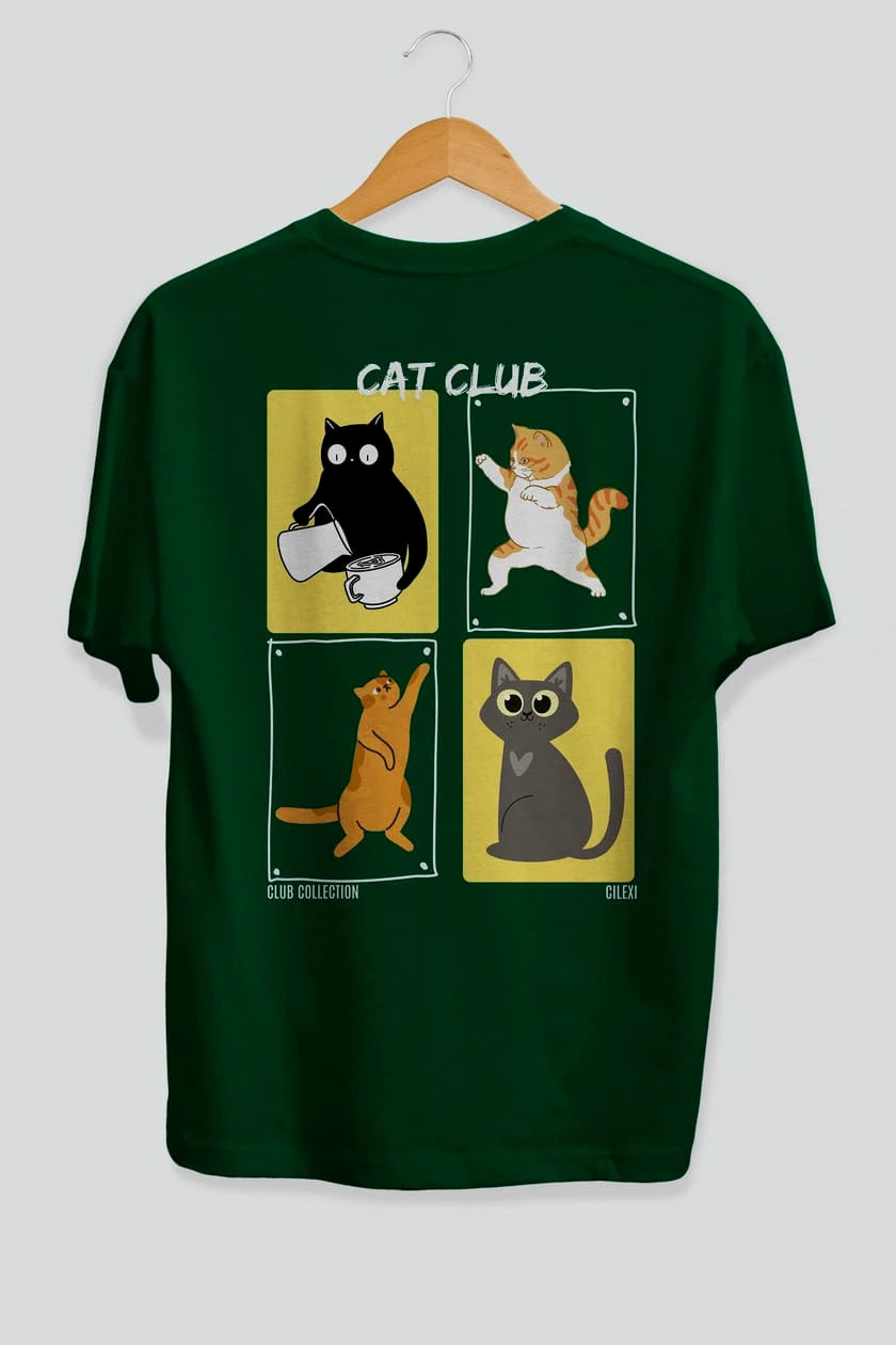 Cat Club Arka Baskılı Oversize t-shirt Erkek Kadın %100 Pamuk Bisiklet Yaka tişort