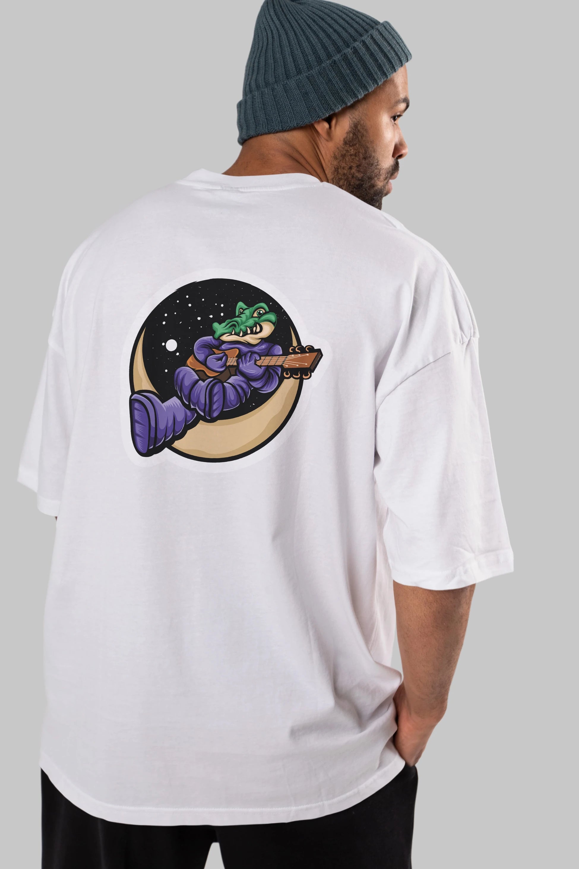Space Crocodile Sticker Arka Baskılı Oversize t-shirt Erkek Kadın Unisex